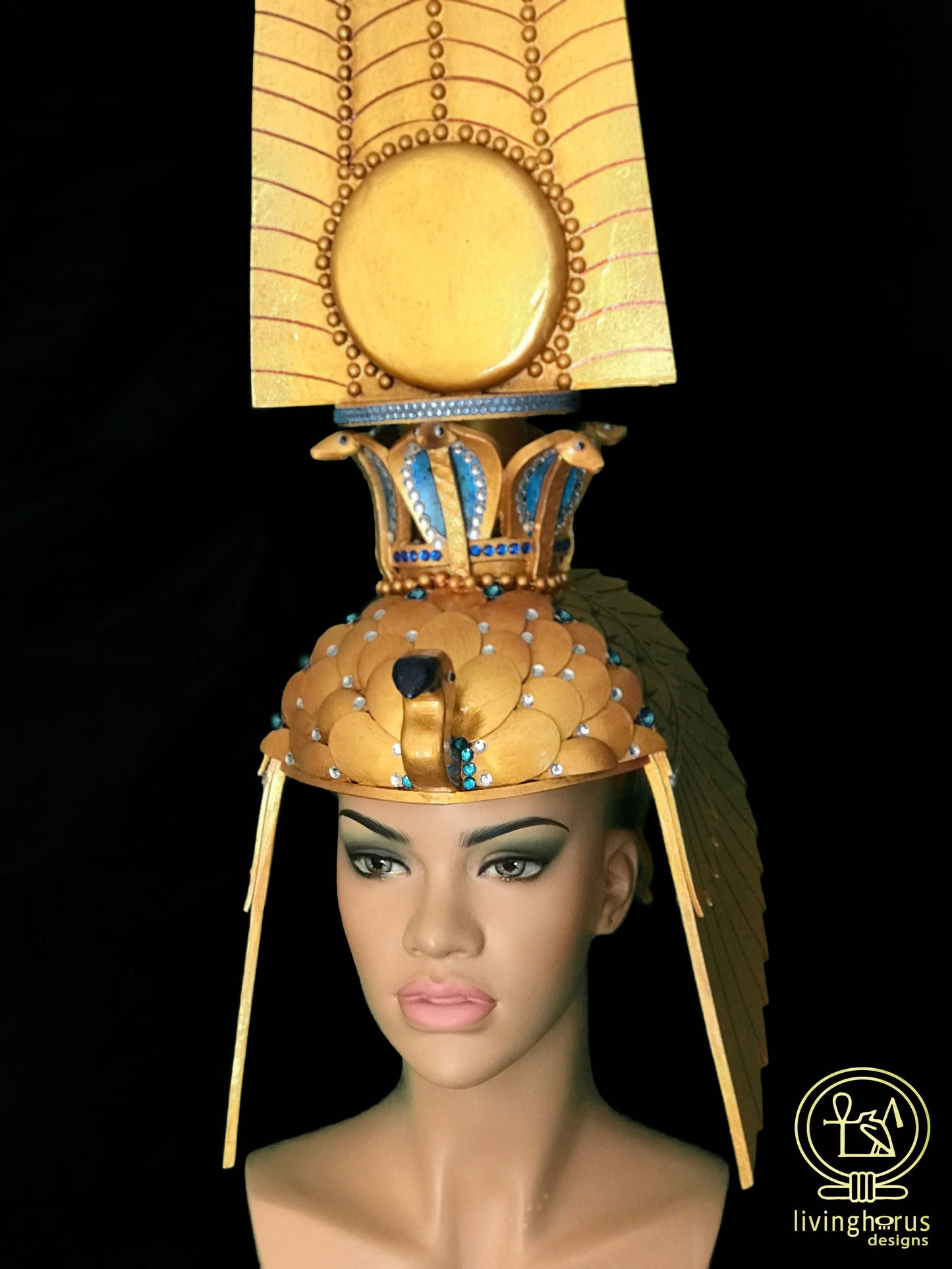 Ancient Egyptian Queen Nefertari Headdress, Cleopatra, Crown with Double Plume Solar Disk