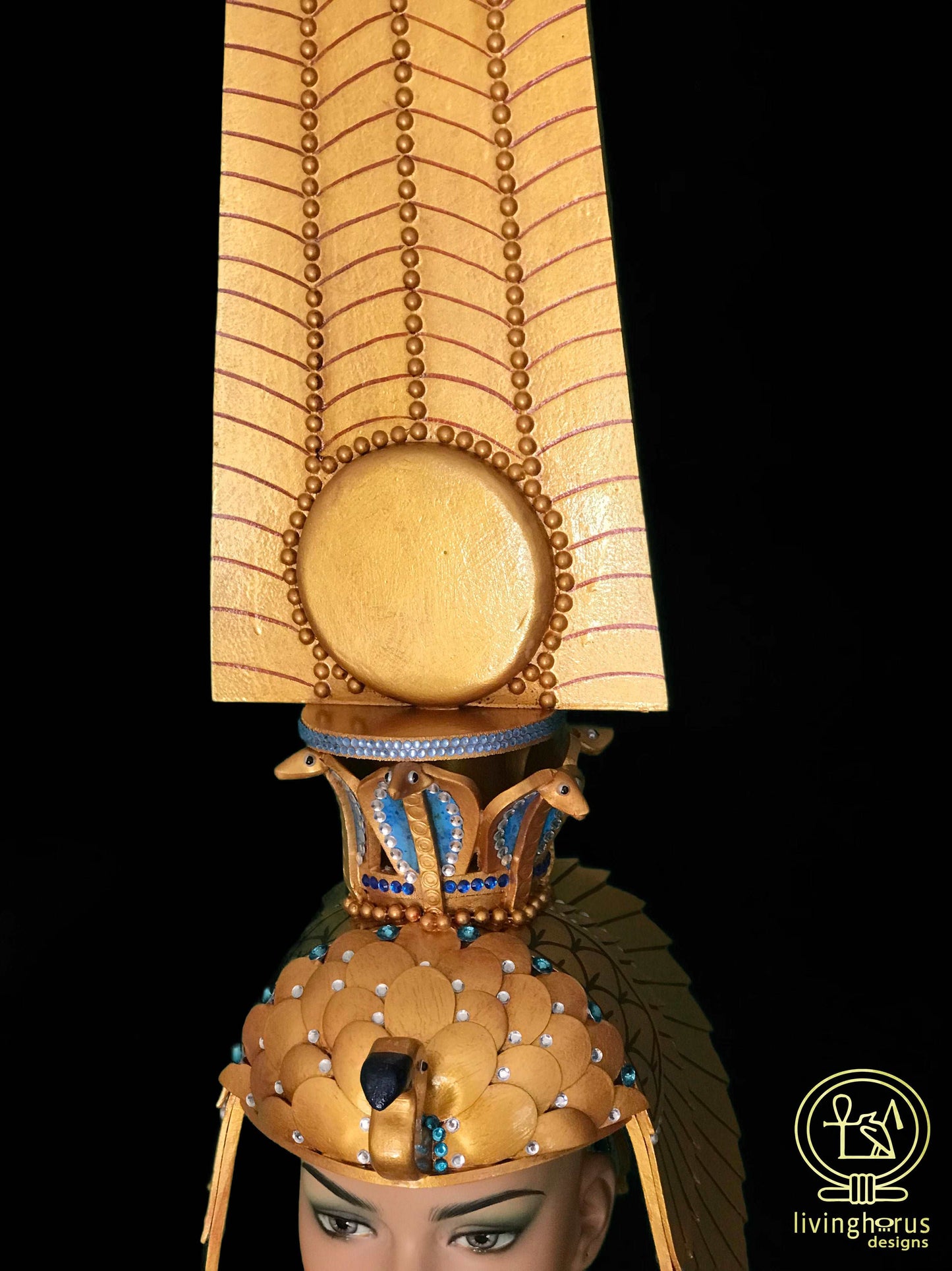 Ancient Egyptian Queen Nefertari Headdress, Cleopatra, Crown with Double Plume Solar Disk