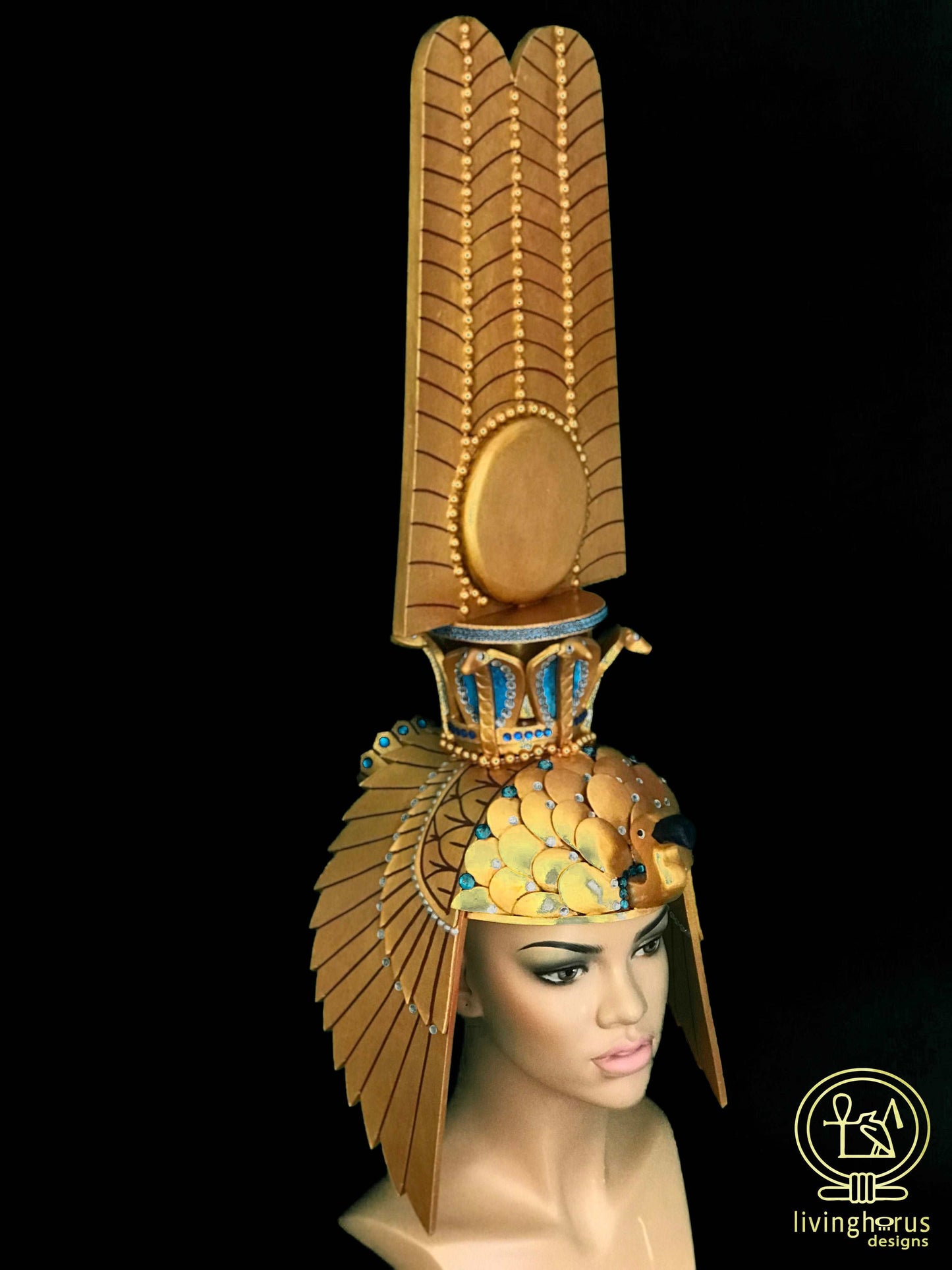 Ancient Egyptian Queen Nefertari Headdress, Cleopatra, Crown with Double Plume Solar Disk