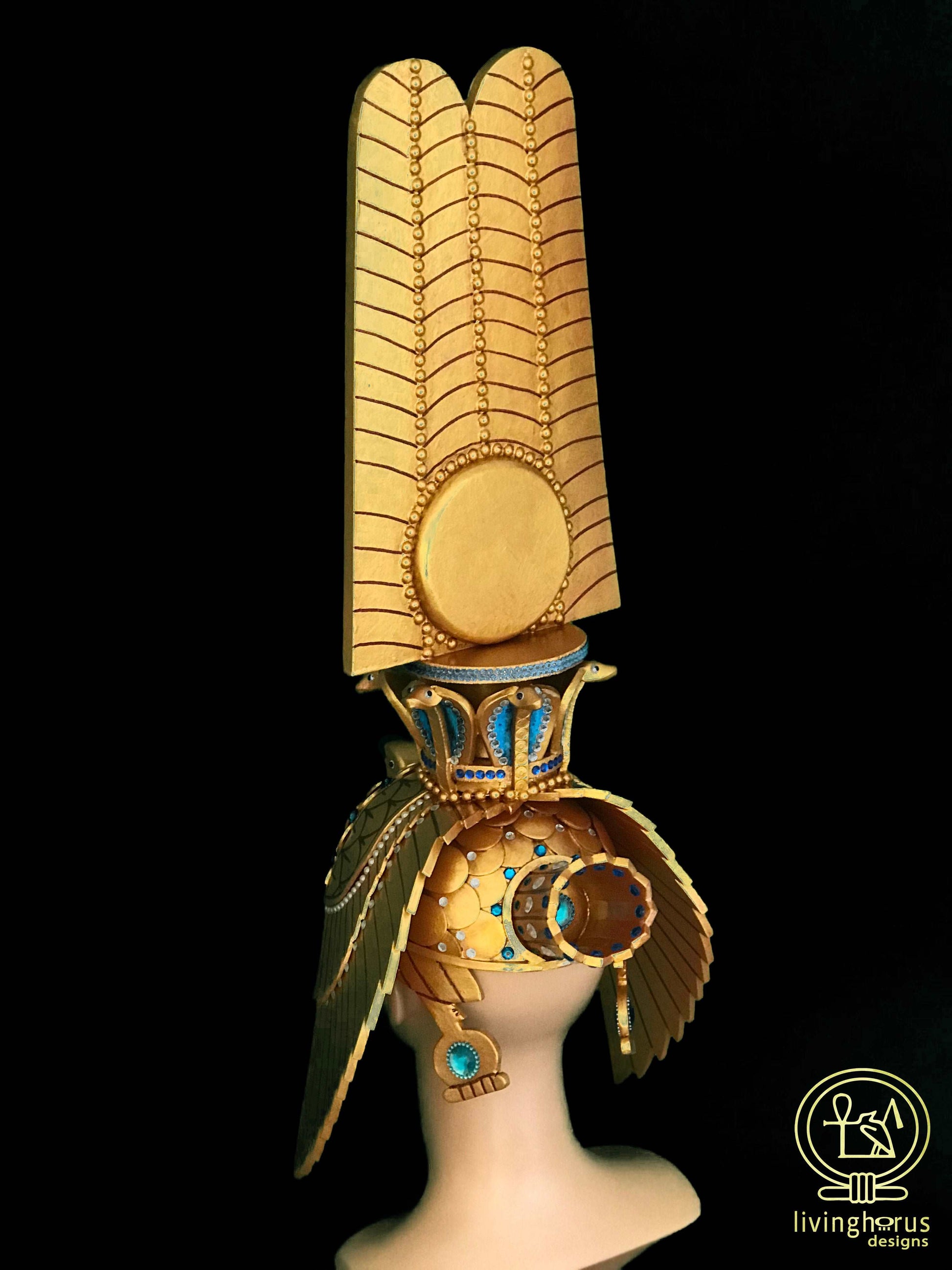 Ancient Egyptian Queen Nefertari Headdress, Cleopatra, Crown with Double Plume Solar Disk