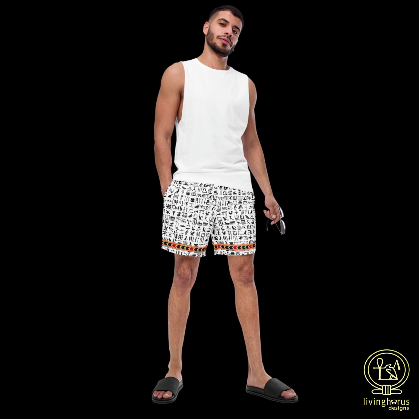 Egyptian Hieroglyph Swim Trunks, Swimmers, Bathers, Board Shorts - White