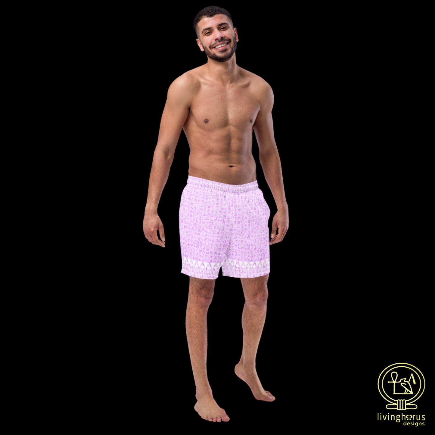 Pink Hieroglyph Lotus Motif Hawaiian Swim Trunks