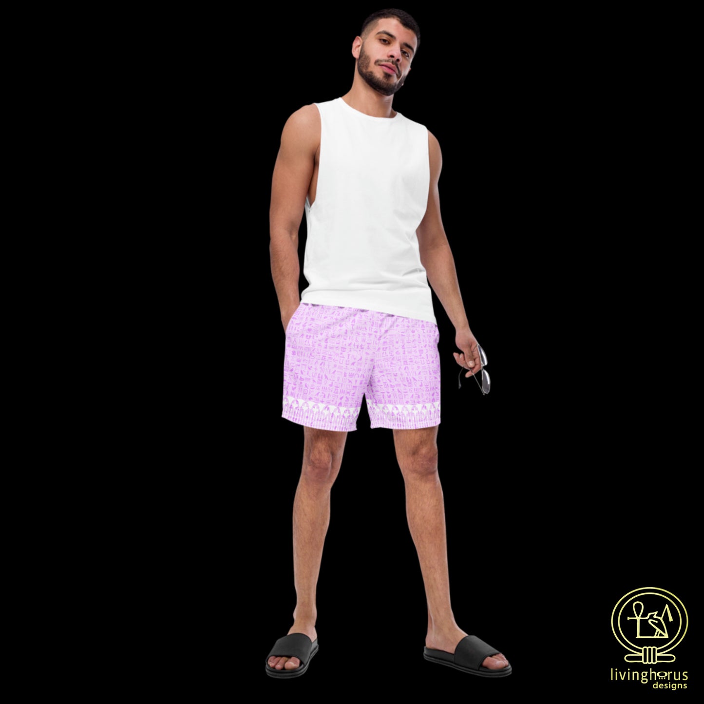 Pink Hieroglyph Lotus Motif Hawaiian Swim Trunks