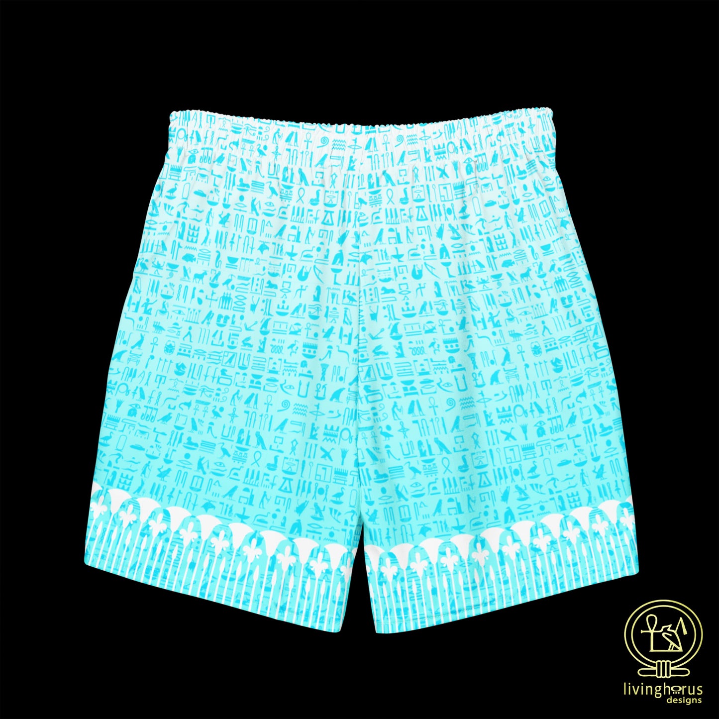 Light Blue Hieroglyph Lotus Motif Hawaiian Swim Trunks