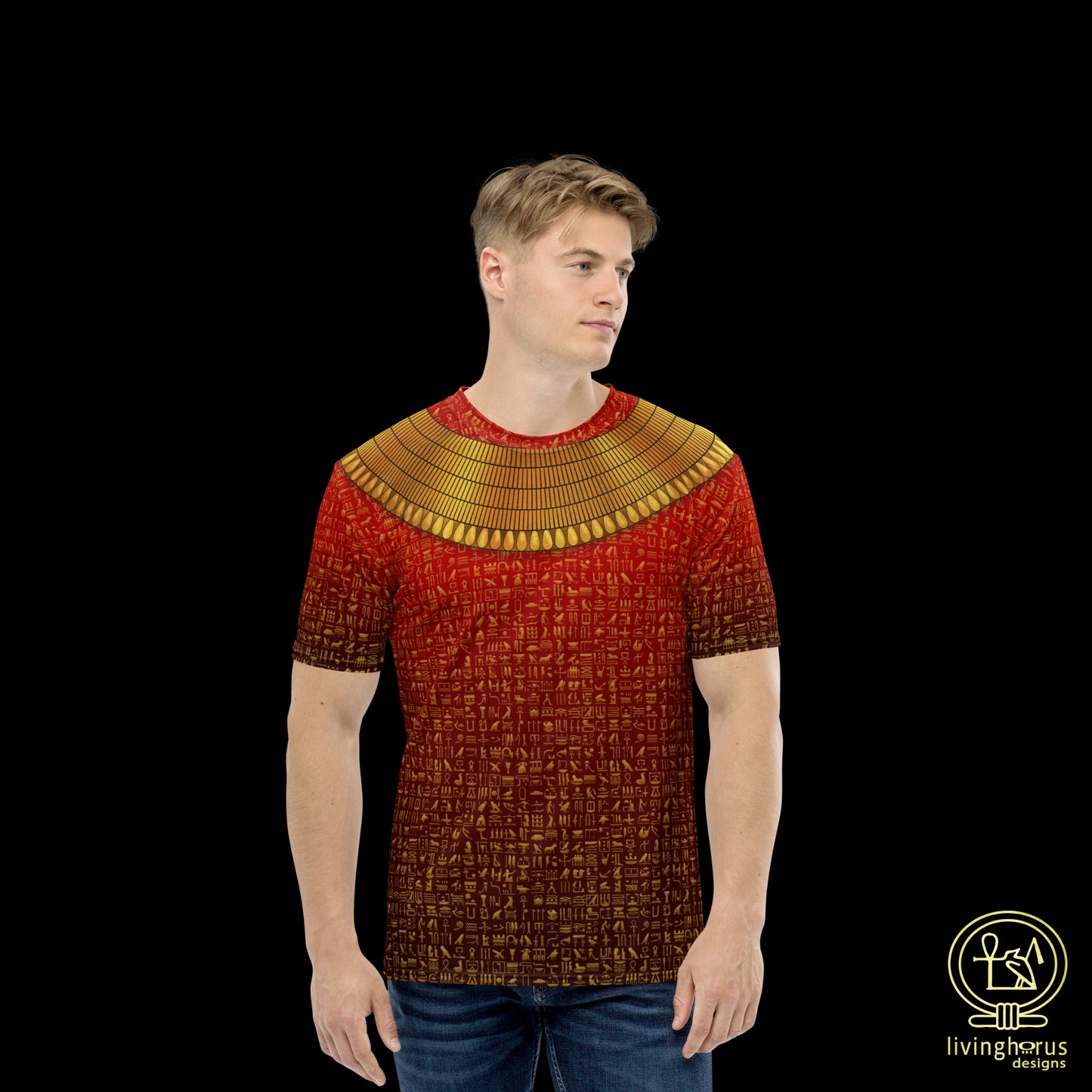 Egyptian Gold Hieroglyph Collar T-shirt - Ruby Red