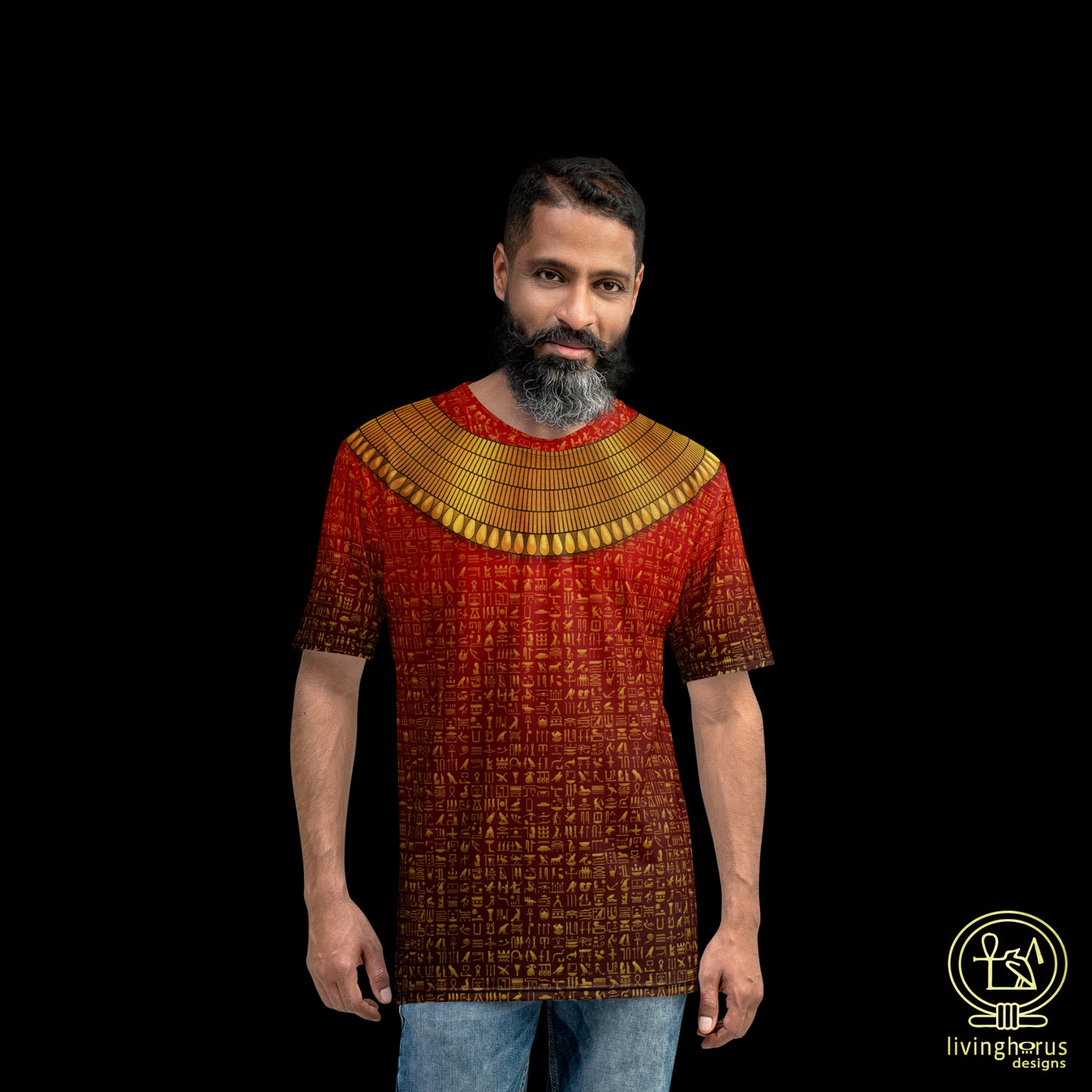 Egyptian Gold Hieroglyph Collar T-shirt - Ruby Red