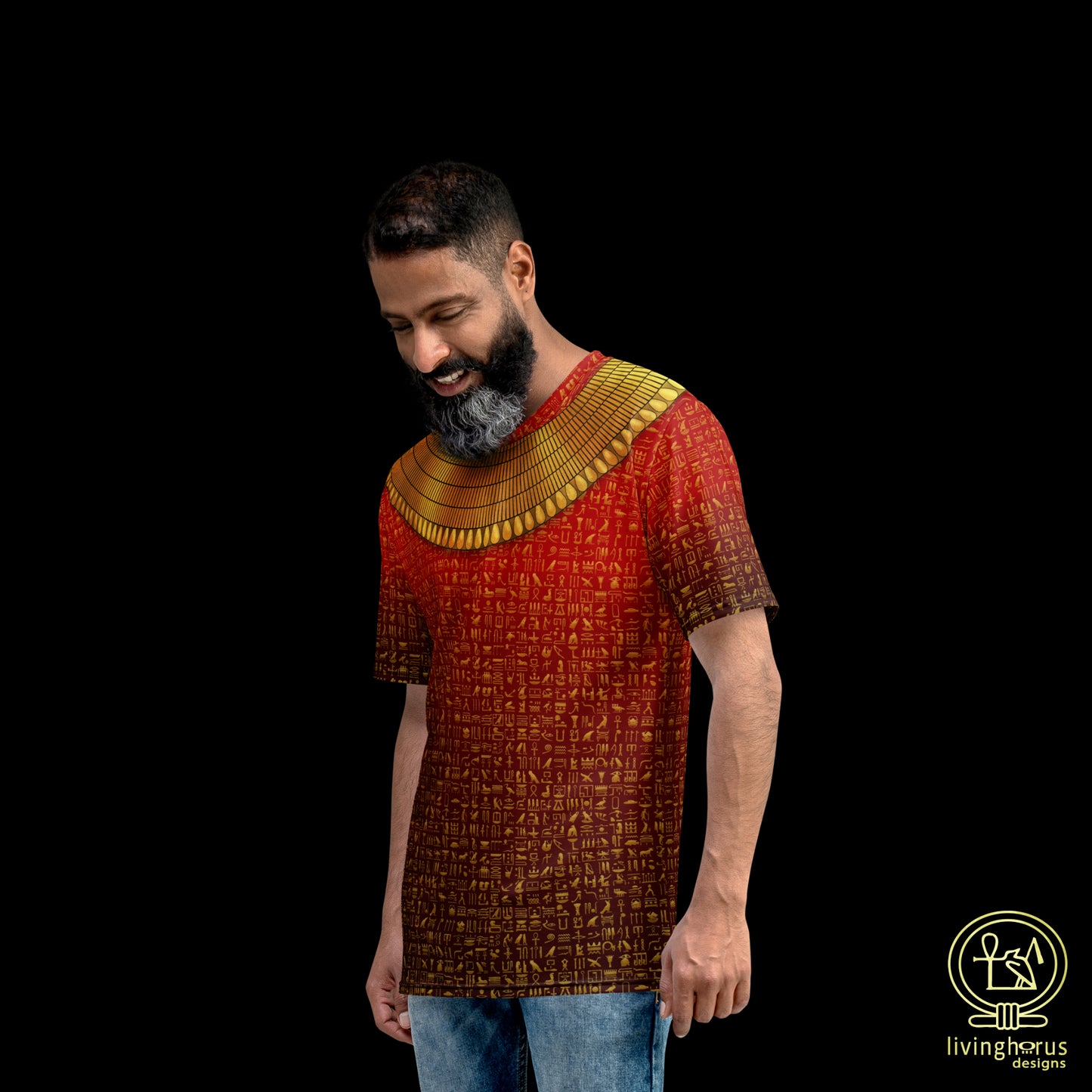 Egyptian Gold Hieroglyph Collar T-shirt - Ruby Red