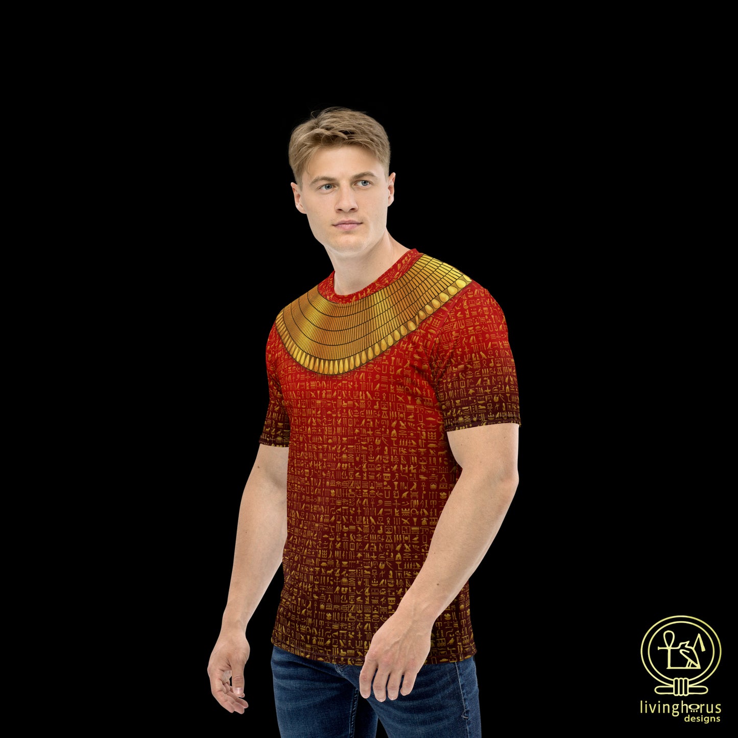 Egyptian Gold Hieroglyph Collar T-shirt - Ruby Red