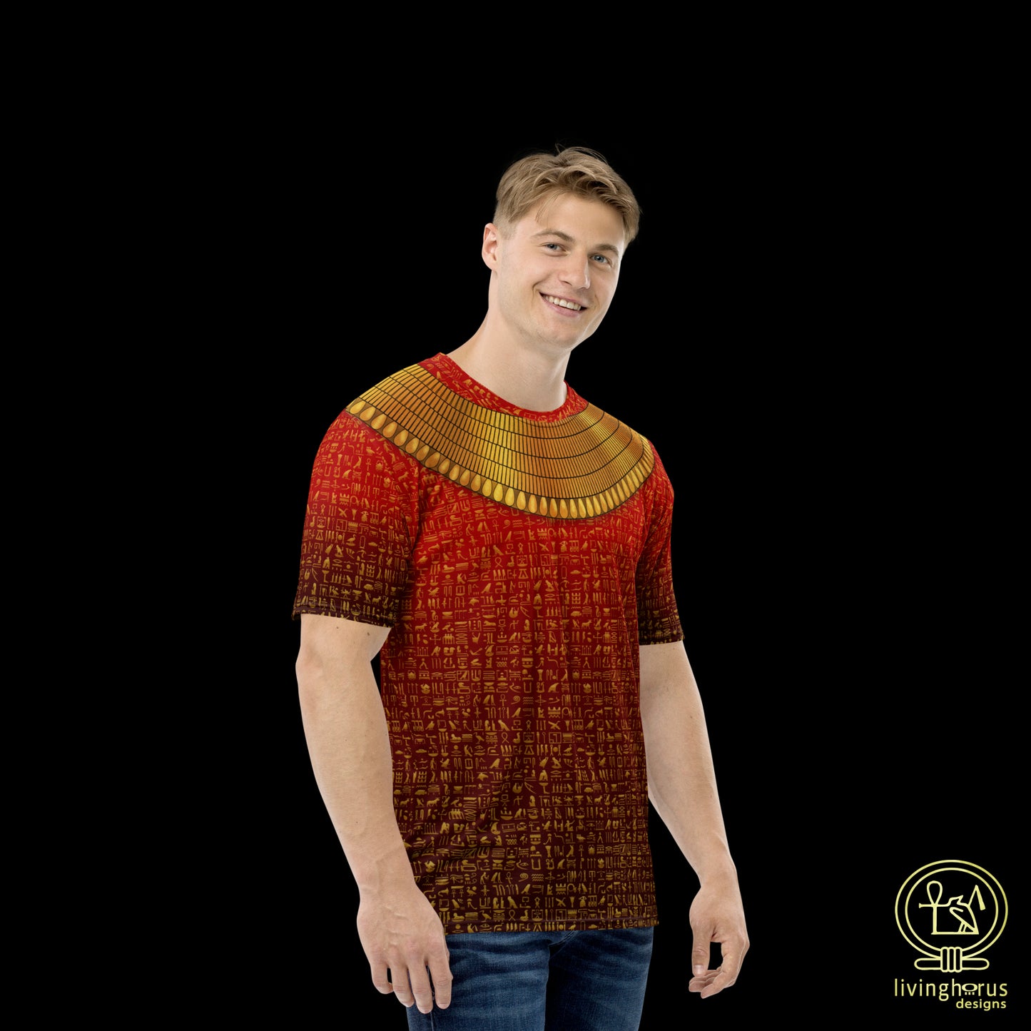 Egyptian Gold Hieroglyph Collar T-shirt - Ruby Red