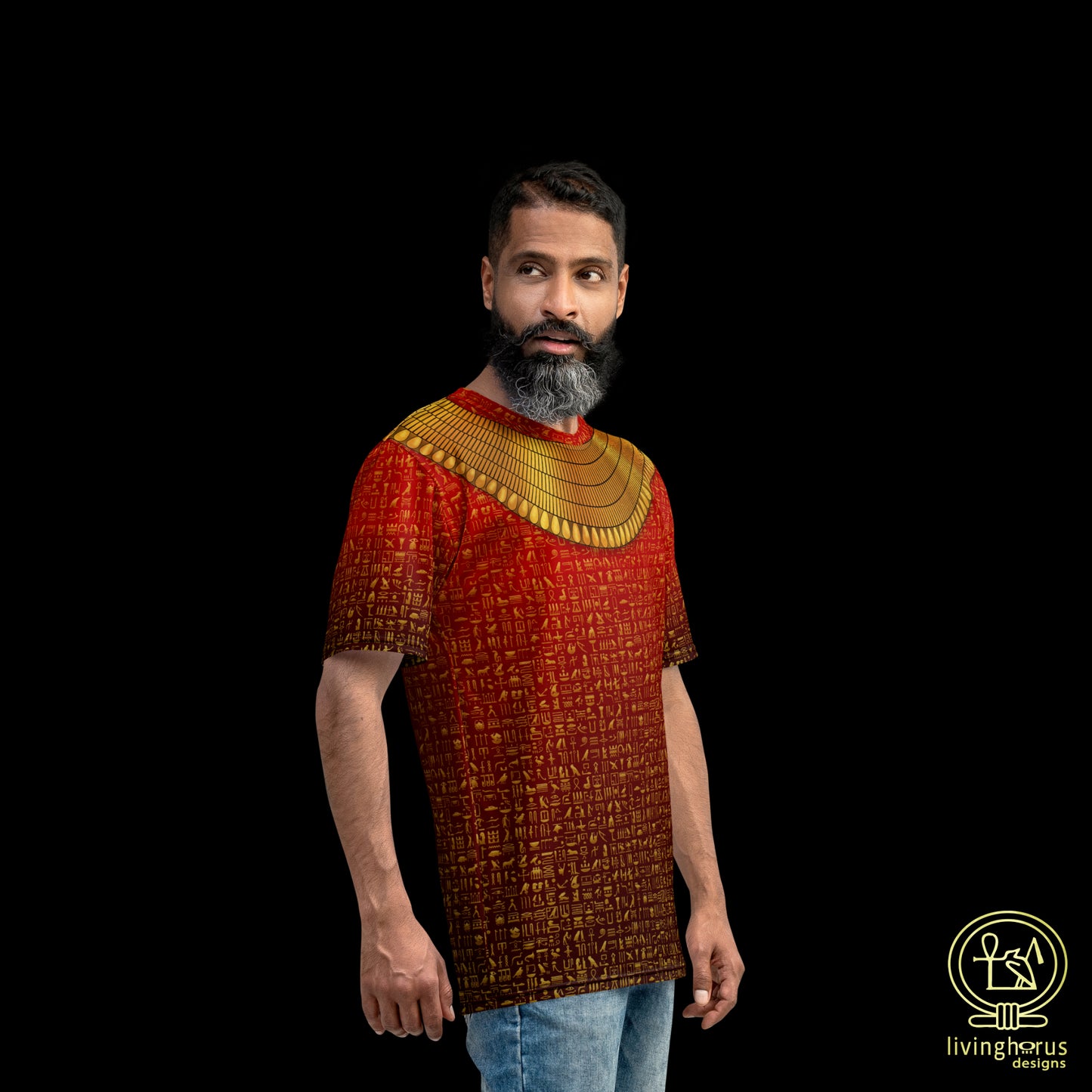 Egyptian Gold Hieroglyph Collar T-shirt - Ruby Red