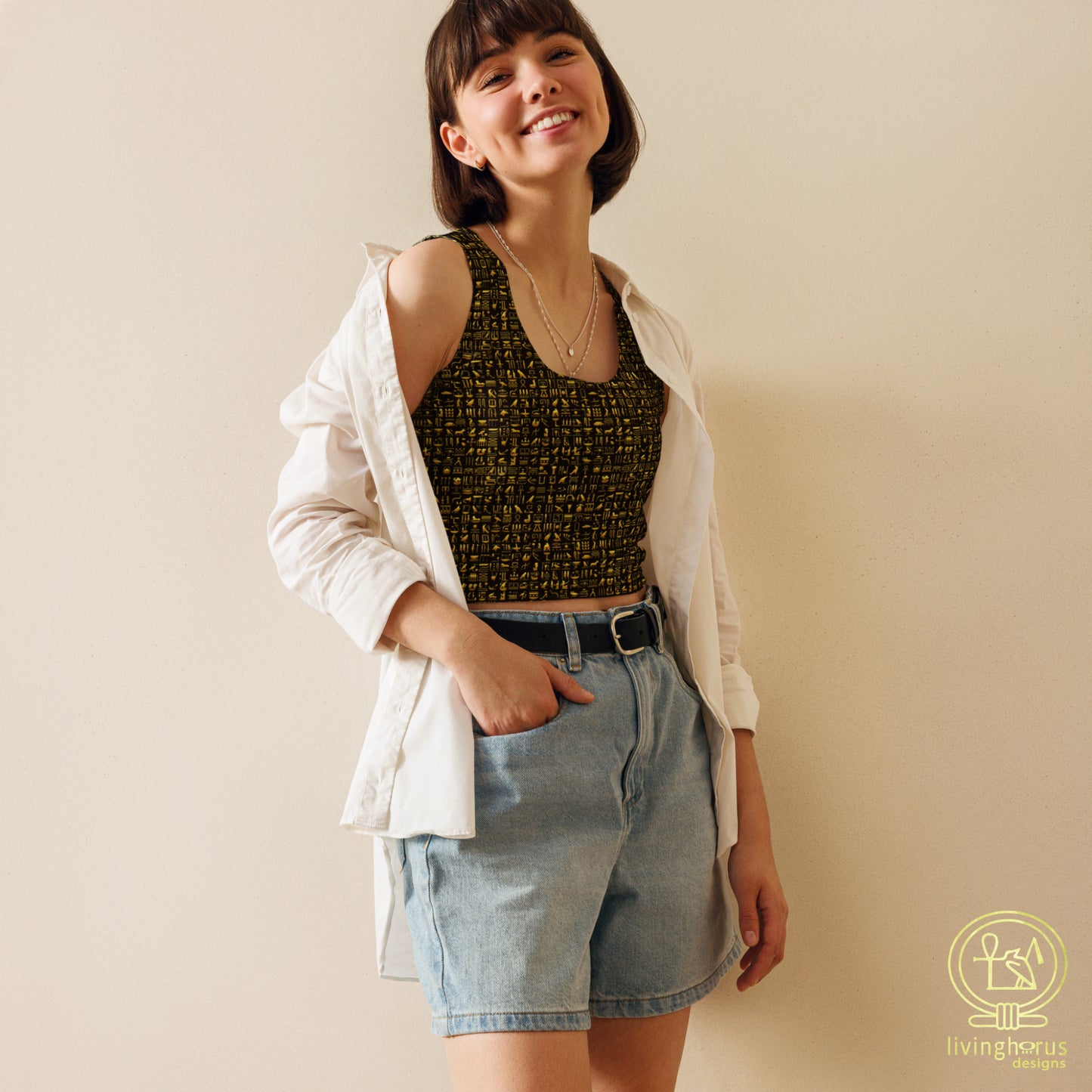 Egyptian Golden Hieroglyph Crop Top - Black