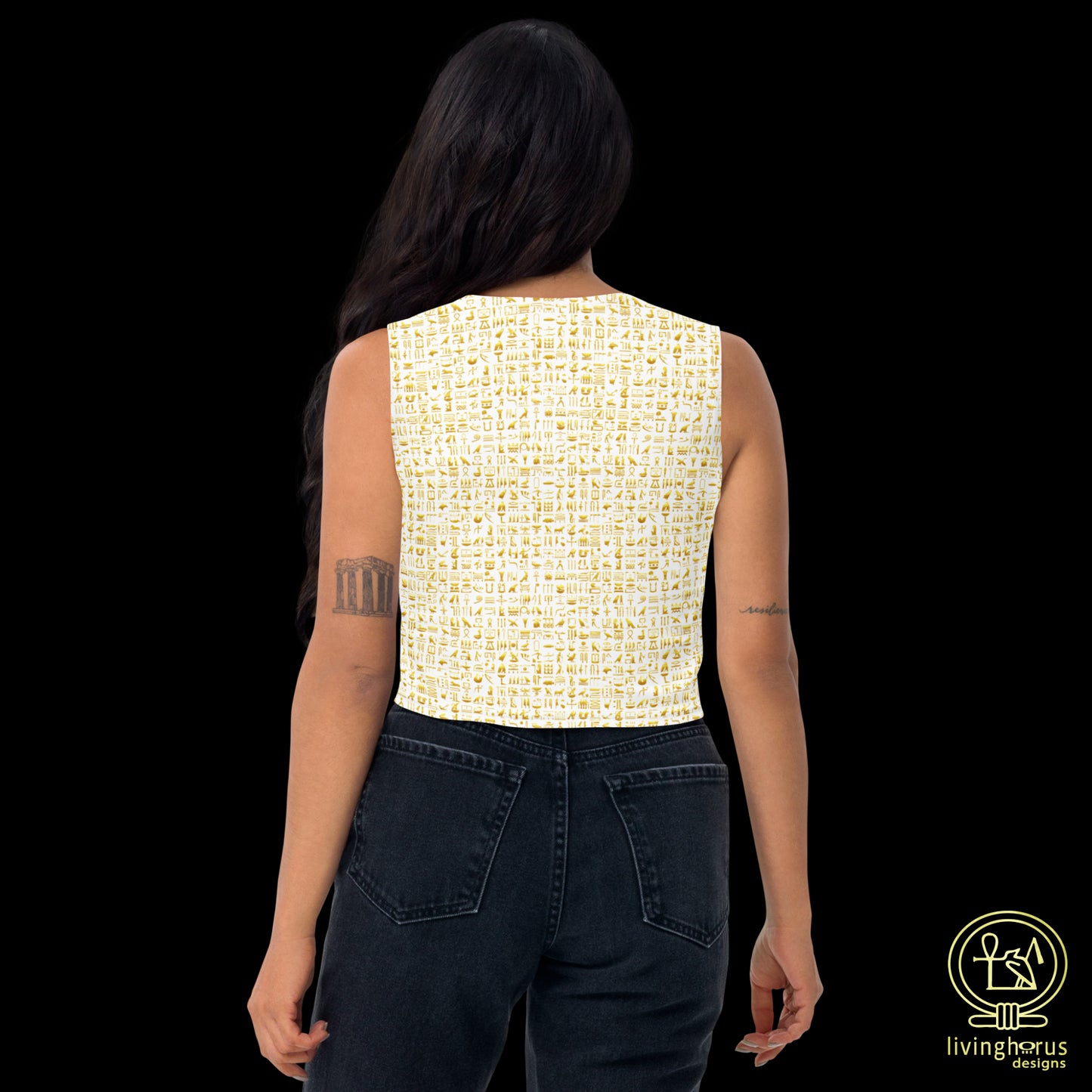 Egyptian Golden Hieroglyph Crop Top - White
