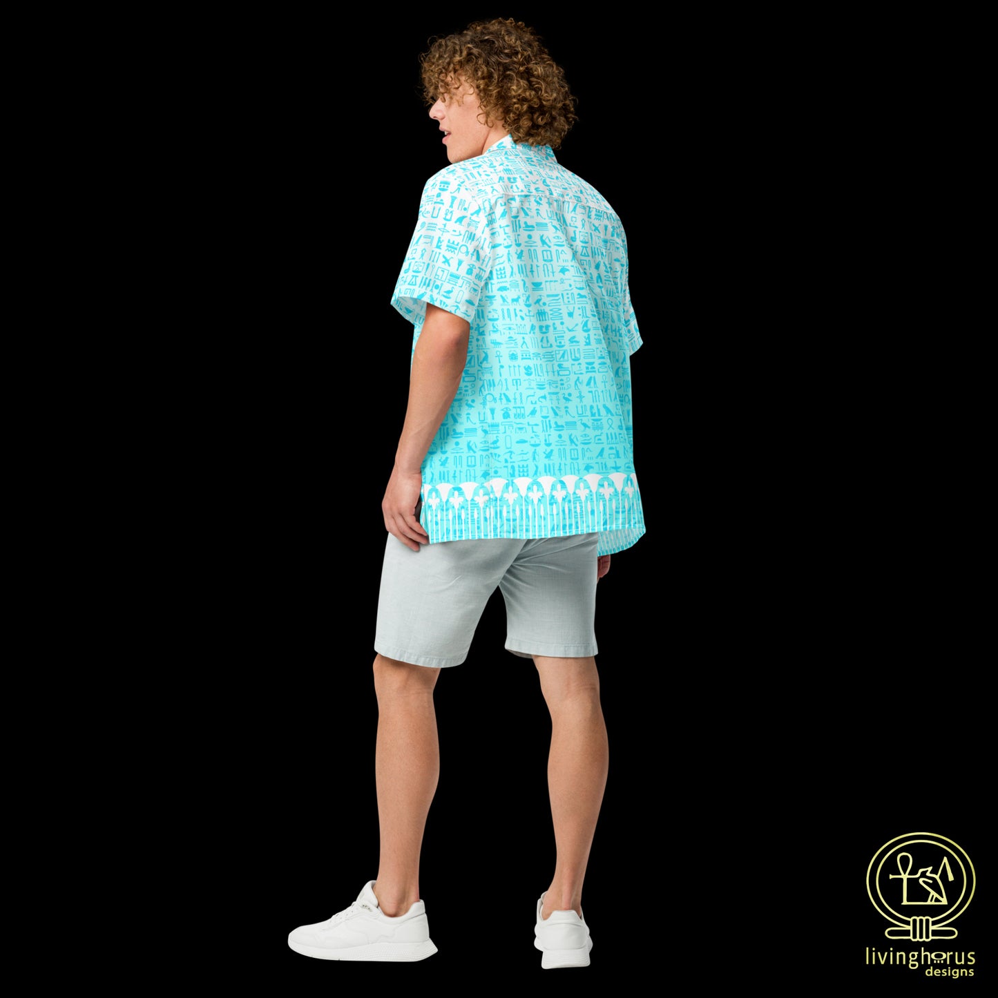 Light Blue Hieroglyph Lotus Motif Hawaiian Shirt