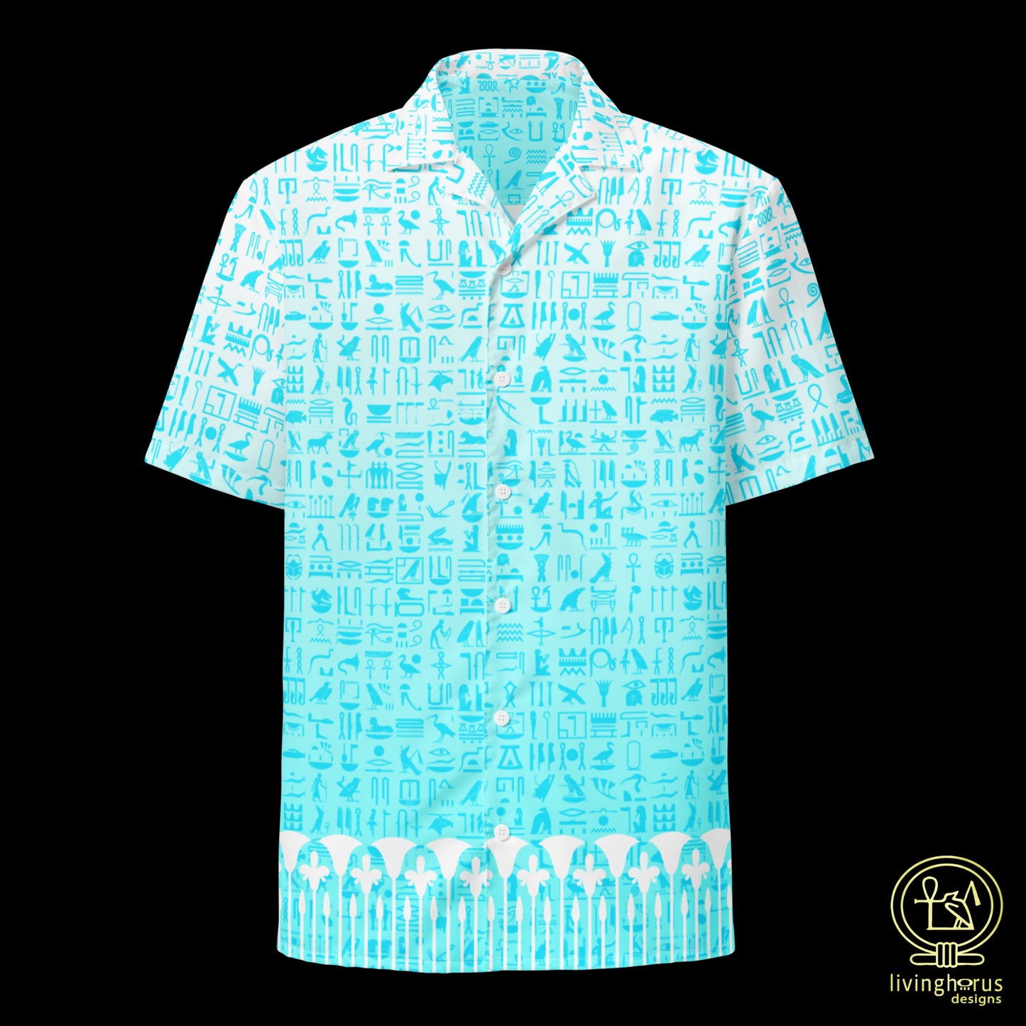 Light Blue Hieroglyph Lotus Motif Hawaiian Shirt