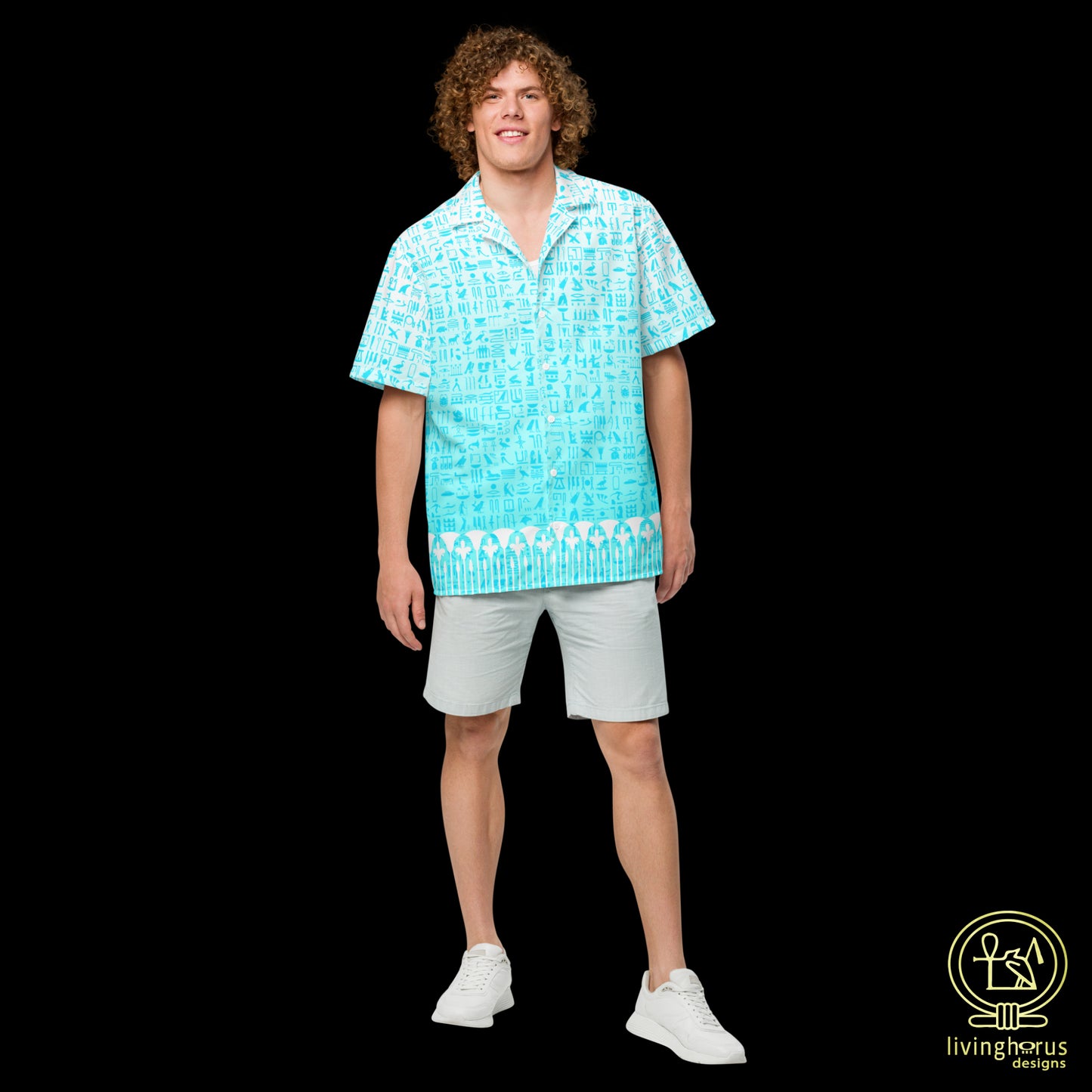 Light Blue Hieroglyph Lotus Motif Hawaiian Shirt