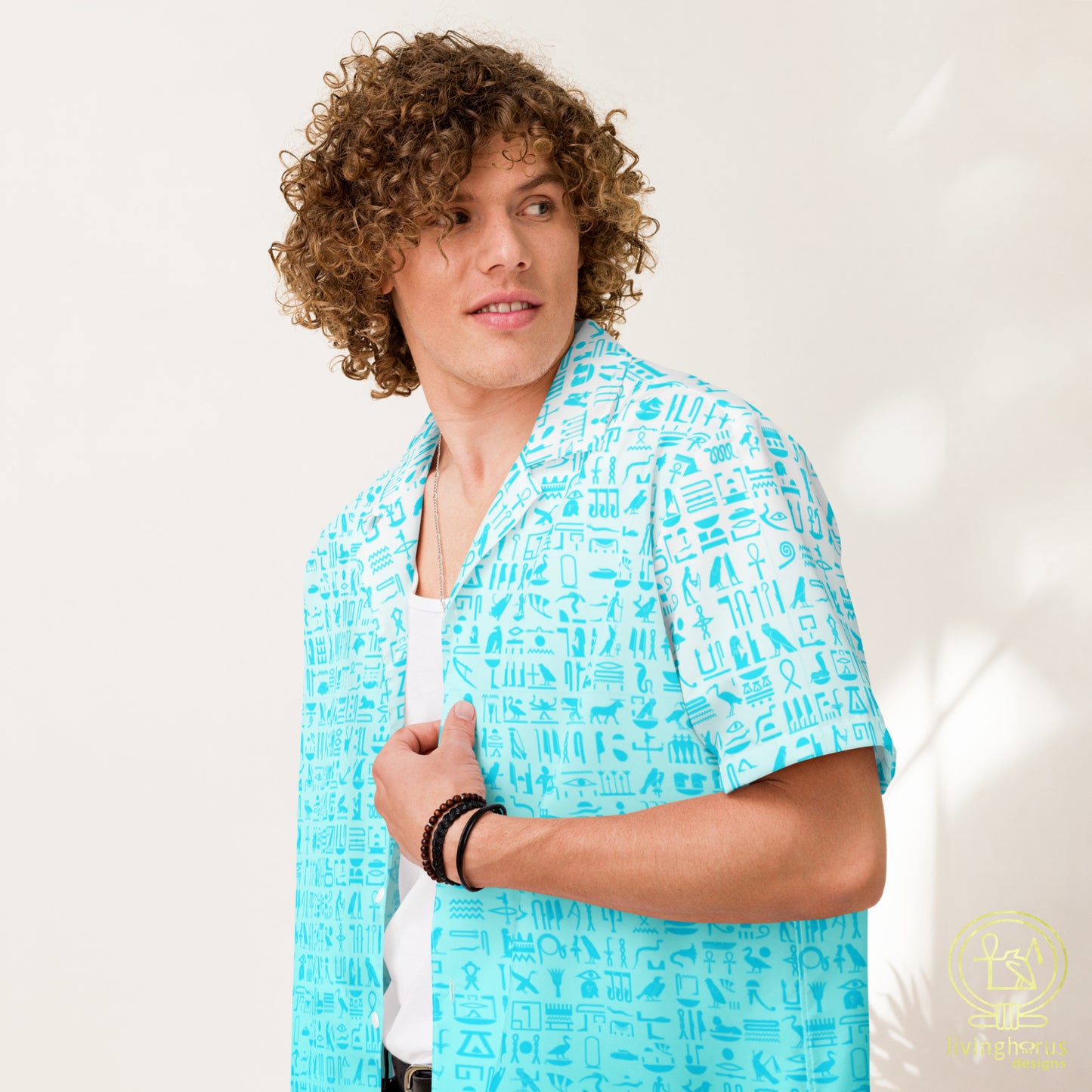 Light Blue Hieroglyph Lotus Motif Hawaiian Shirt