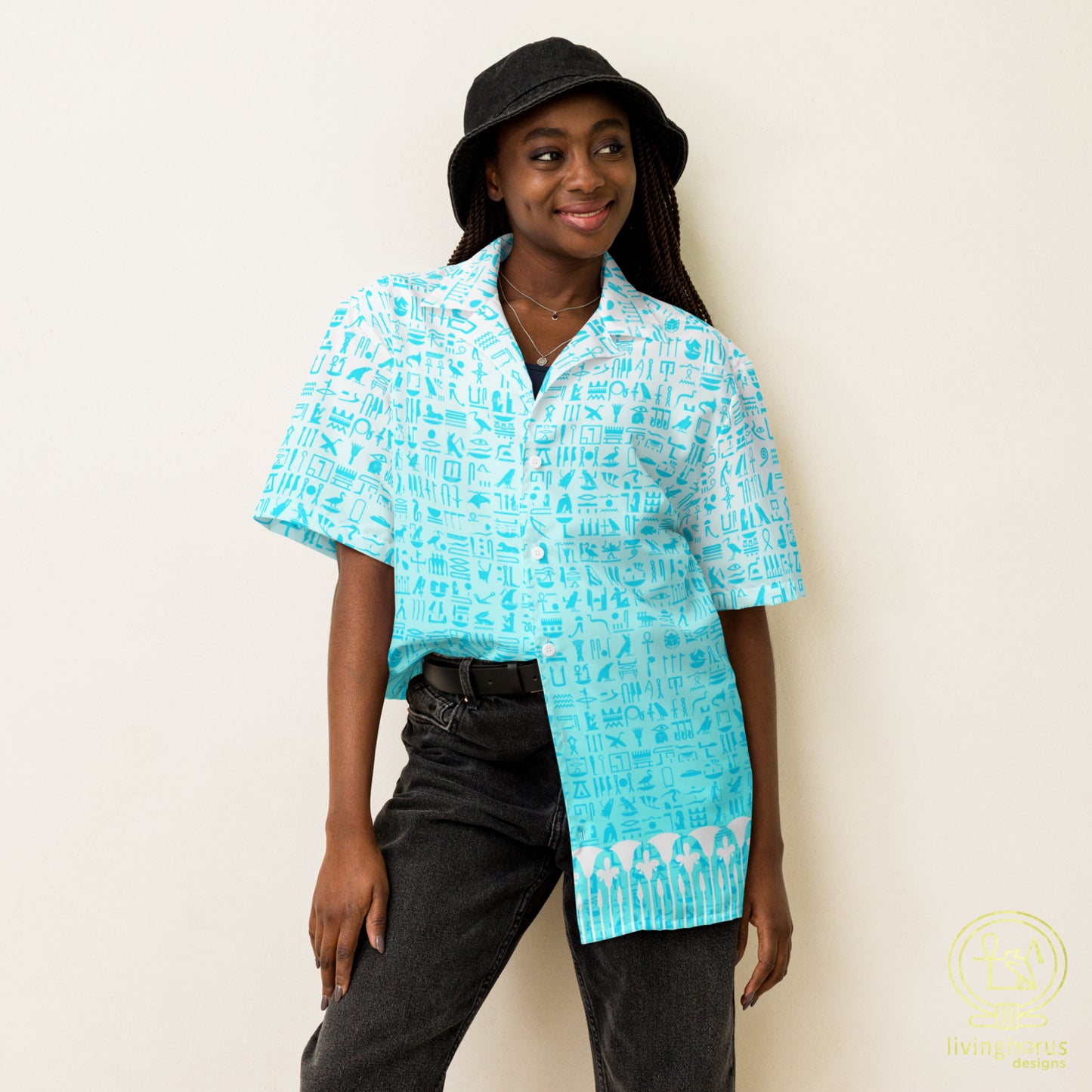 Light Blue Hieroglyph Lotus Motif Hawaiian Shirt