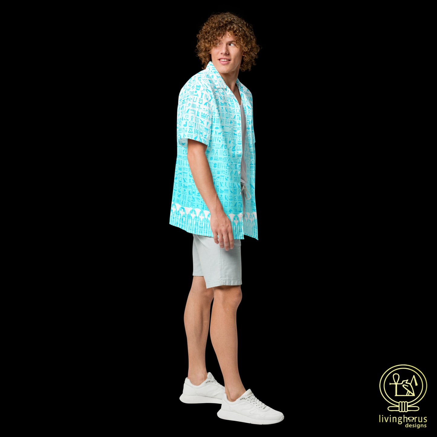 Light Blue Hieroglyph Lotus Motif Hawaiian Shirt
