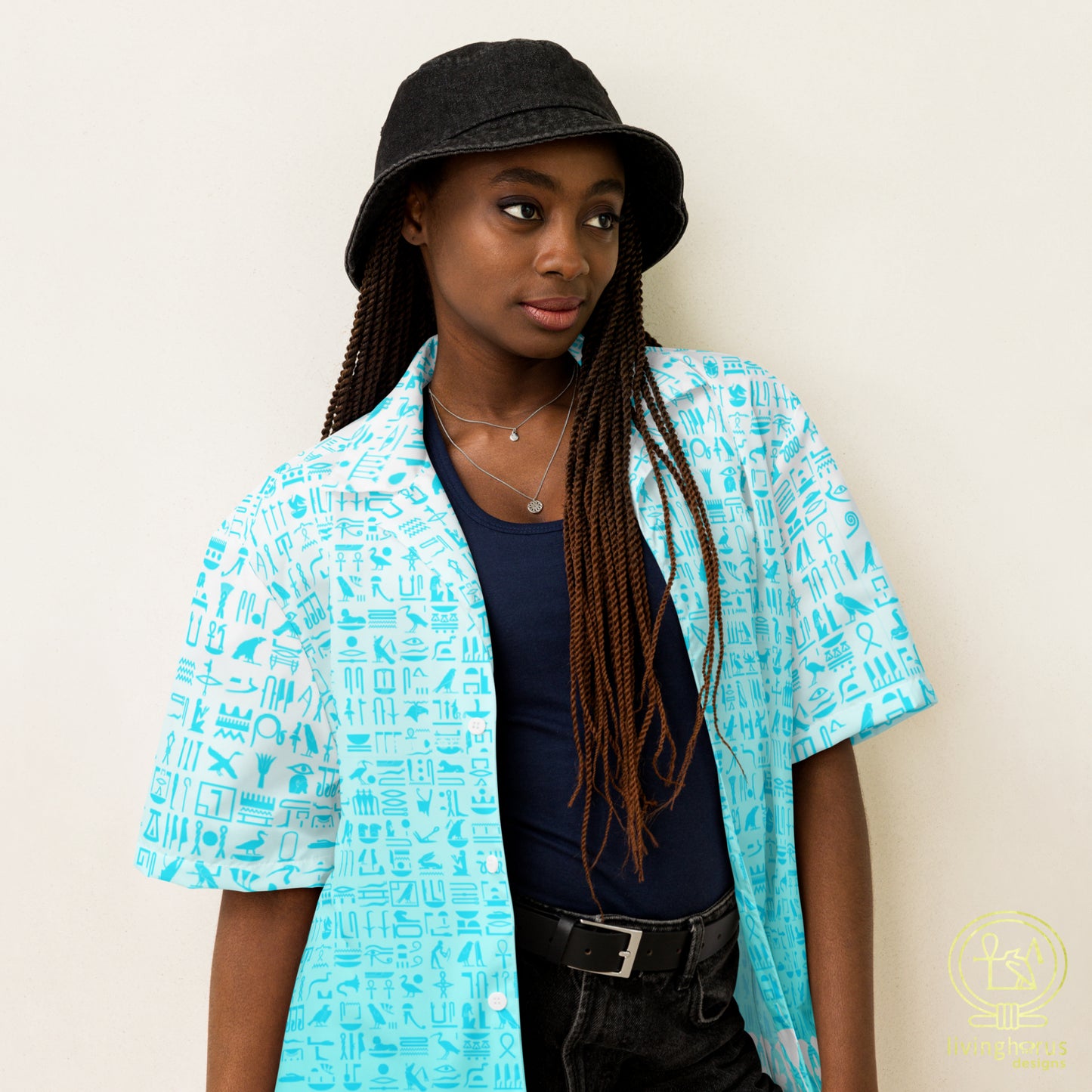 Light Blue Hieroglyph Lotus Motif Hawaiian Shirt