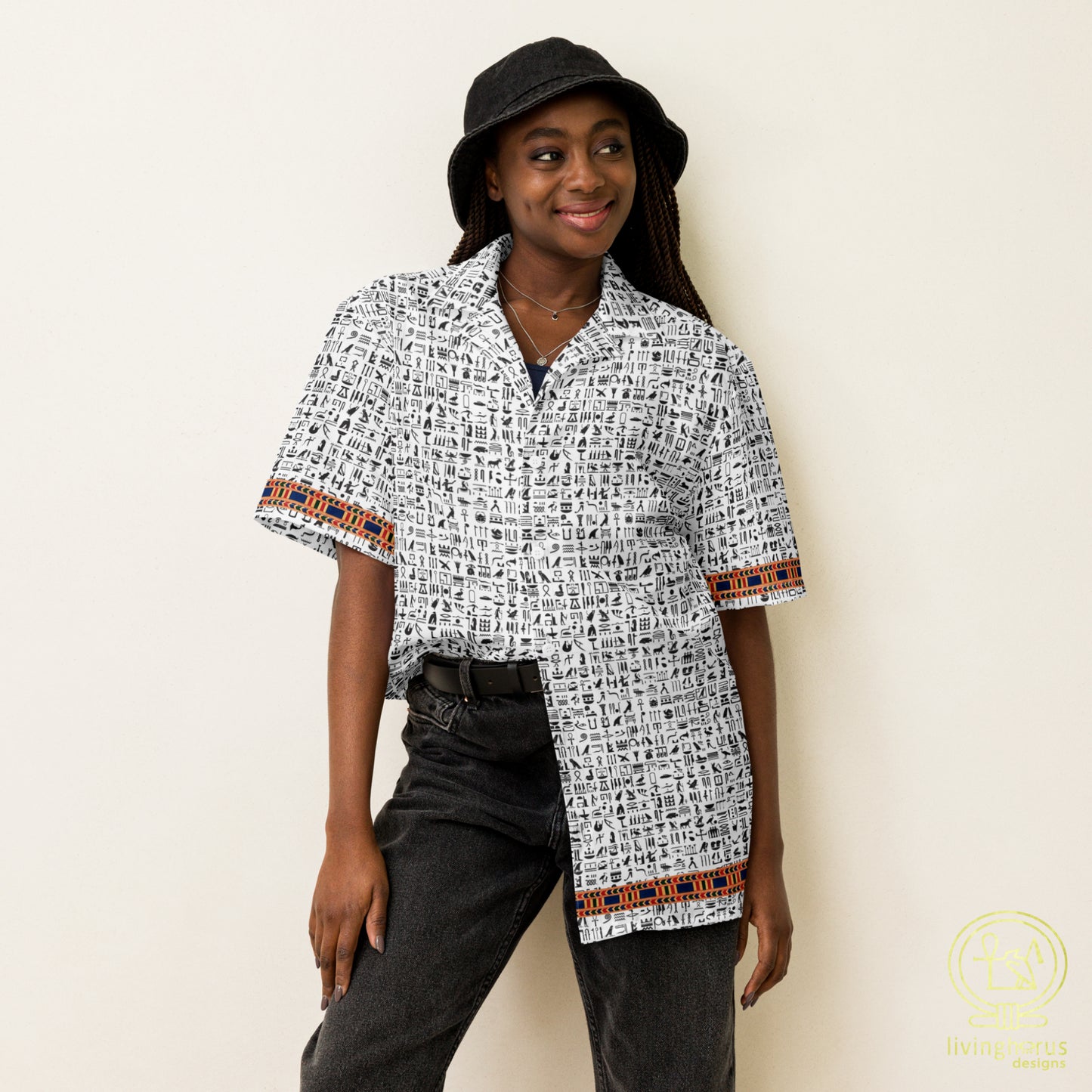 Egyptian Hieroglyphic Pattern Hawaiian Shirt - White