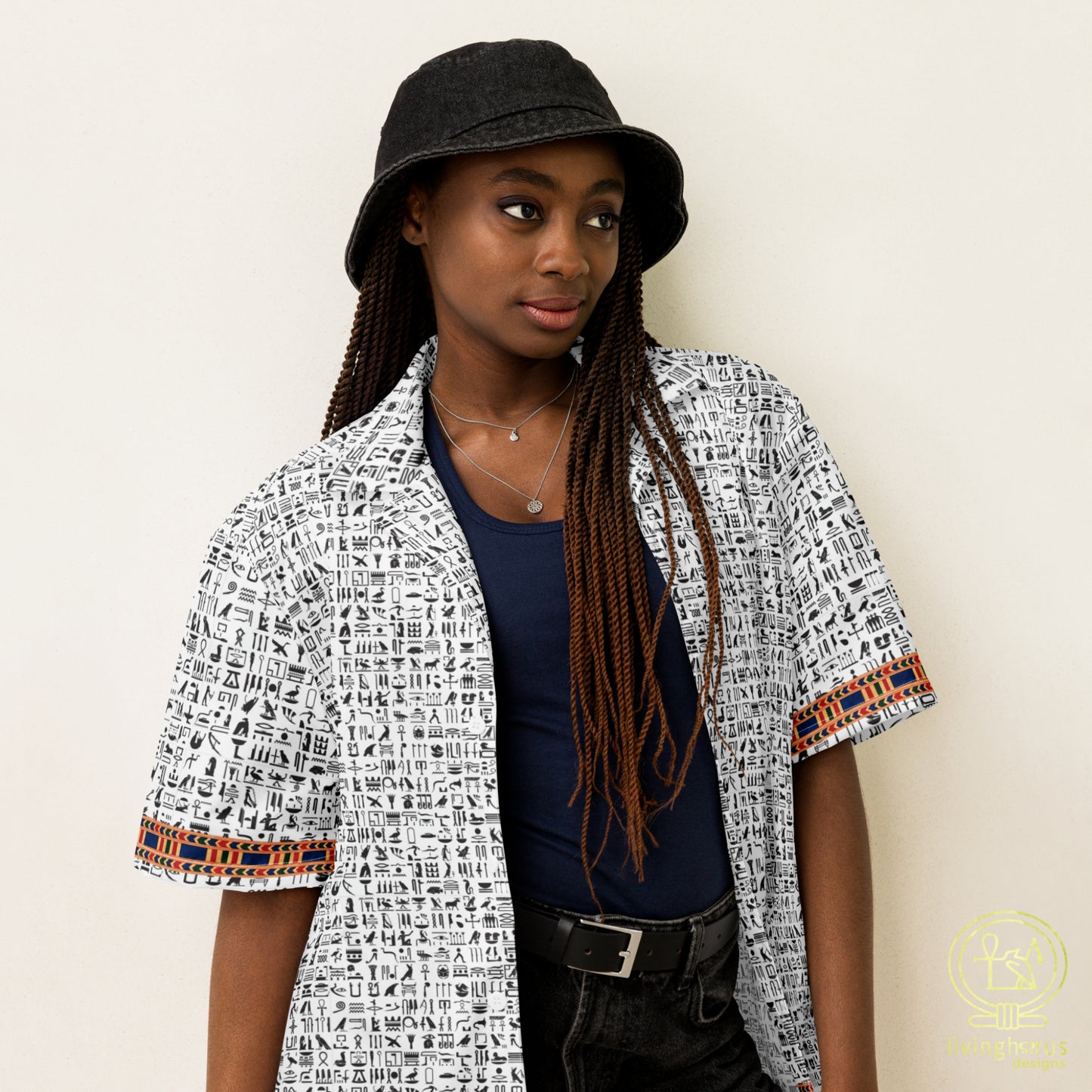 Egyptian Hieroglyphic Pattern Hawaiian Shirt - White