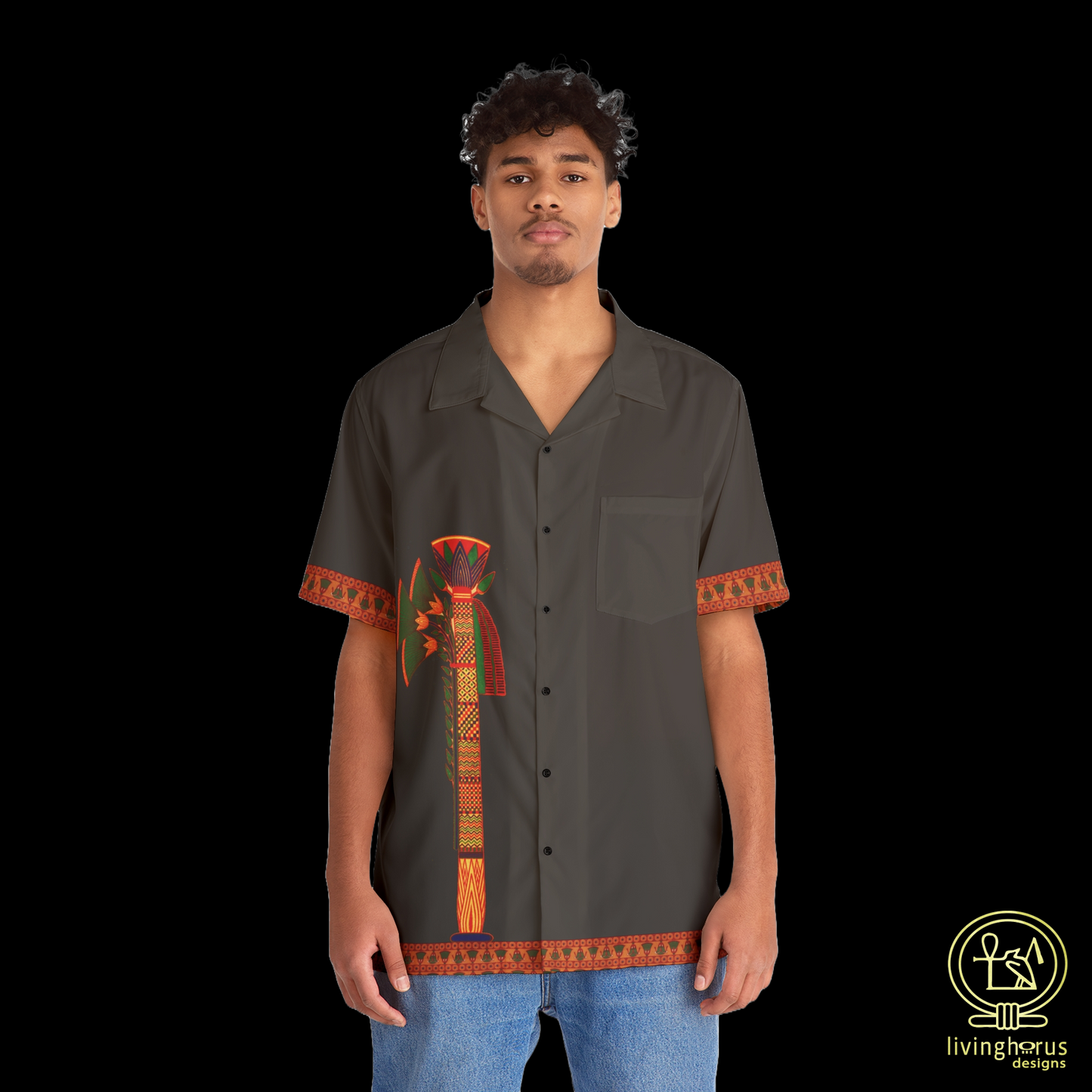 Egyptian Papyrus Column Hawaiian Shirt - Black