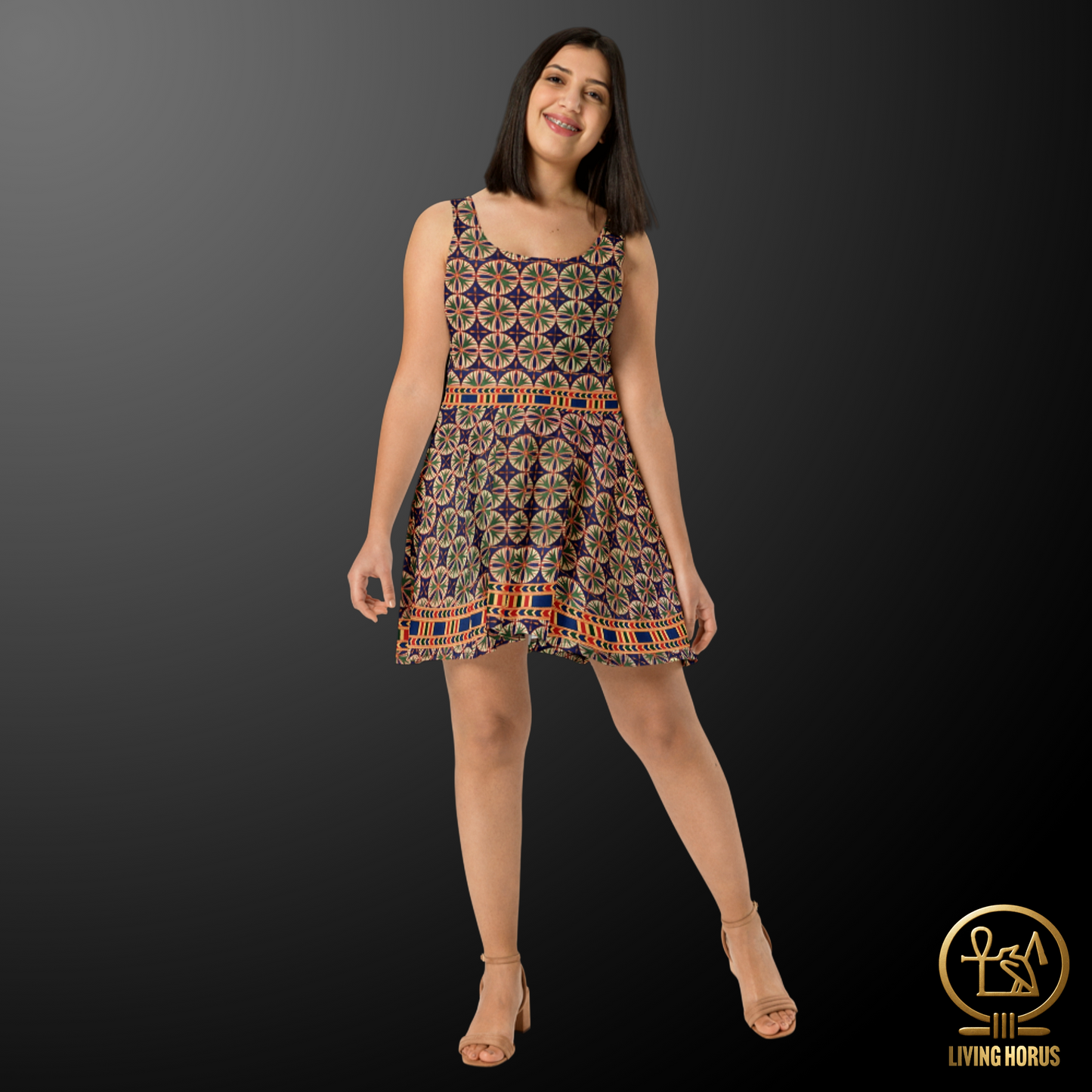 Skater Dress - Egyptian Blue Green Floral Pattern
