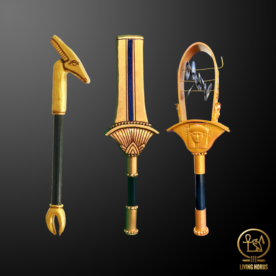 Three decorative tools with Egyptian design elements on a dark background, featuring the Living Horus logo.