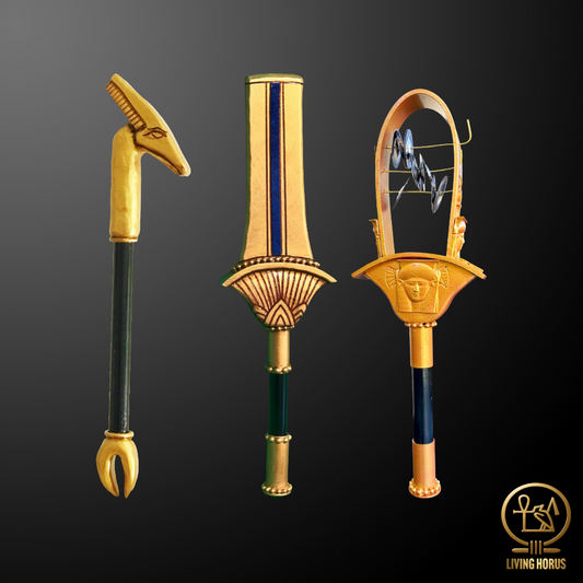 Three decorative tools with Egyptian design elements on a dark background, featuring the Living Horus logo.
