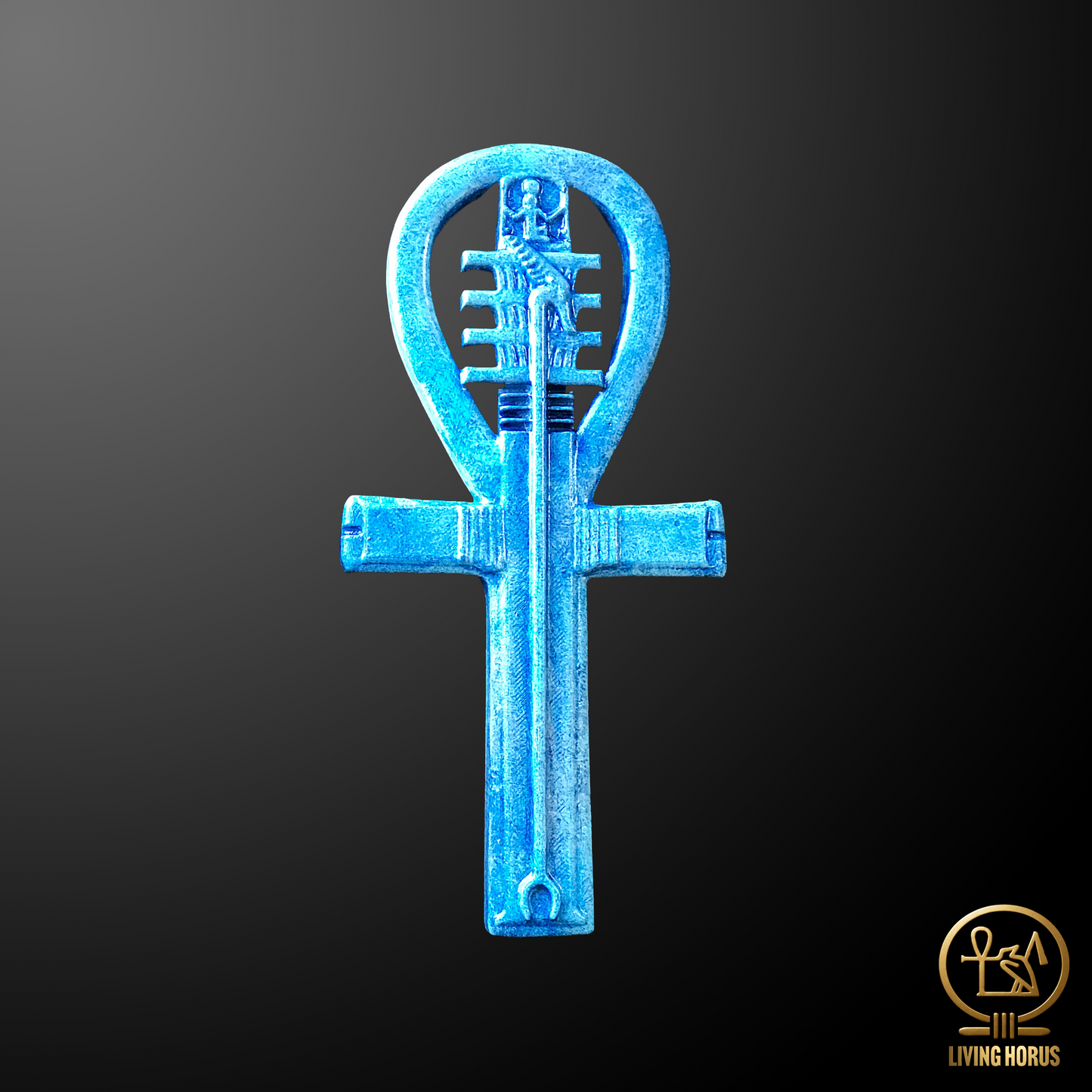 Blue Ankh symbol on a black background with 'Living Horus' logo.