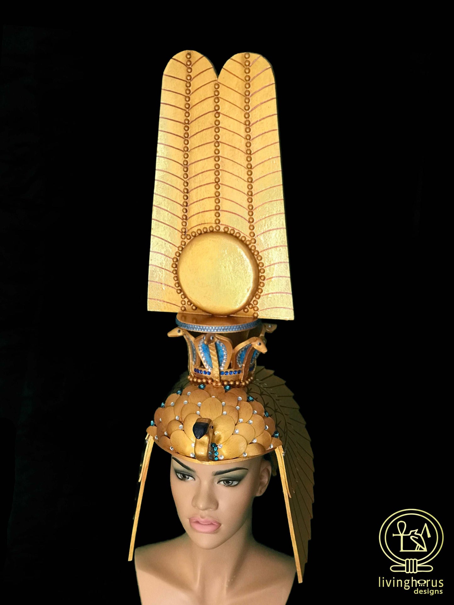 Ancient Egyptian Queen Nefertari Headdress, Cleopatra, Crown with Double Plume Solar Disk
