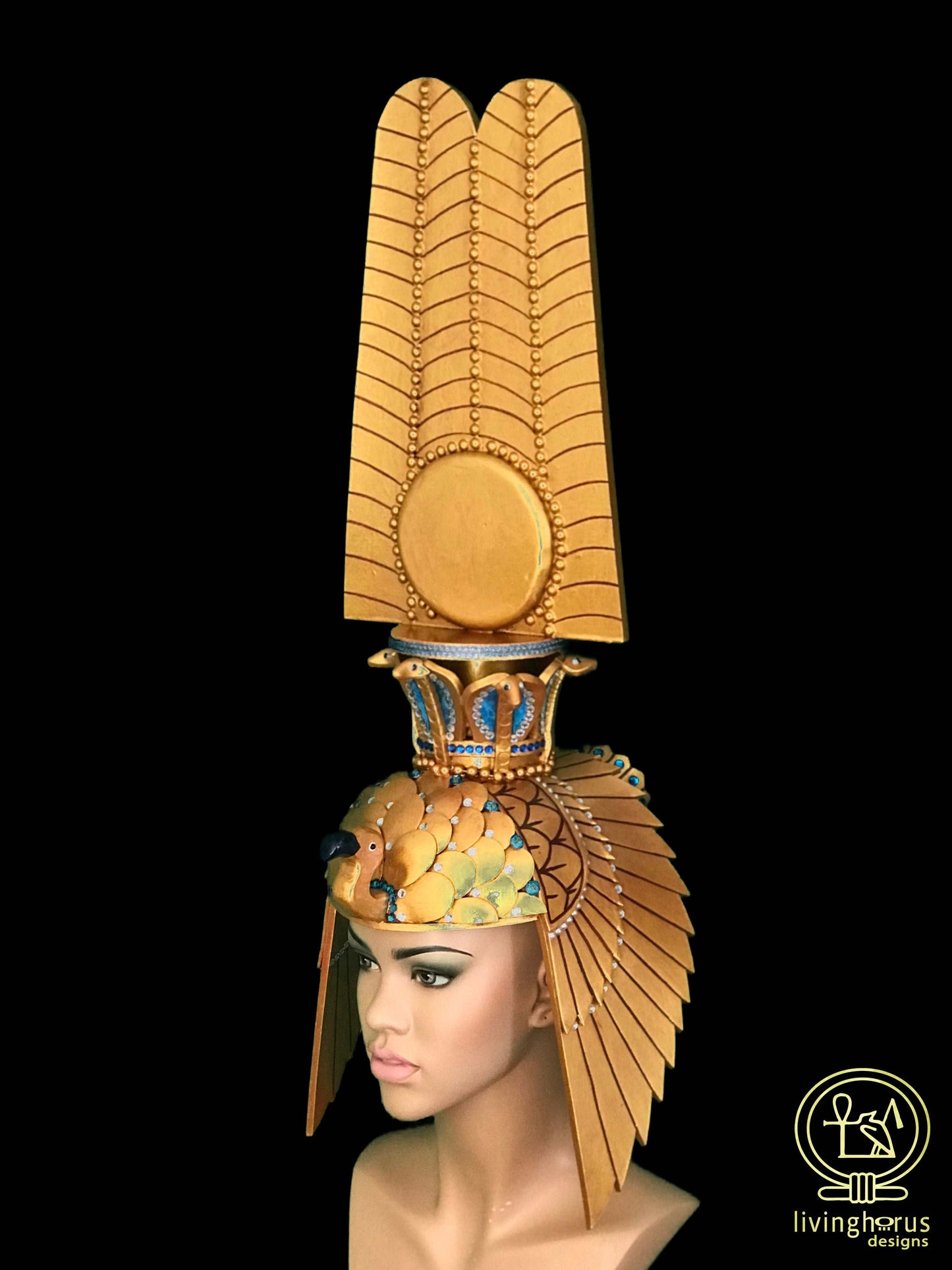 Ancient Egyptian Queen Nefertari Headdress, Cleopatra, Crown with Double Plume Solar Disk