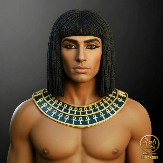 Statue of a man with an ancient Egyptian headdress and necklace on a dark background