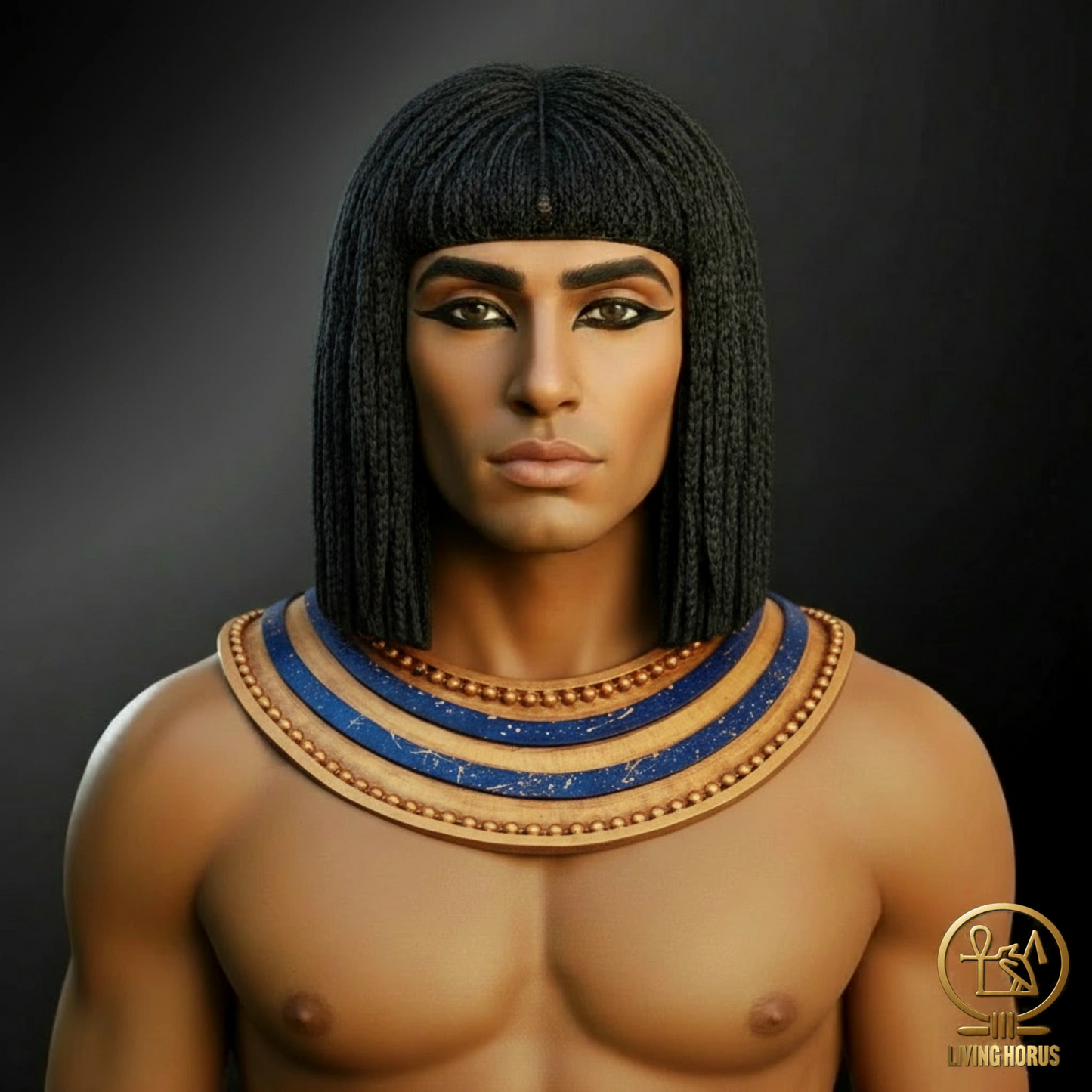 Statue of an Egyptian pharaoh with detailed jewelry on a dark background