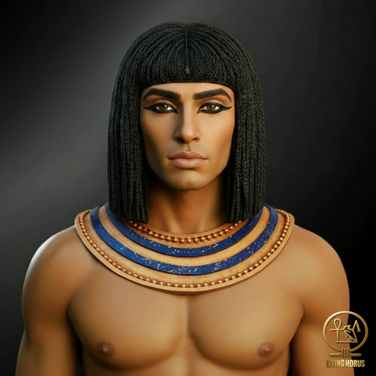 Statue of an Egyptian pharaoh with detailed jewelry on a dark background