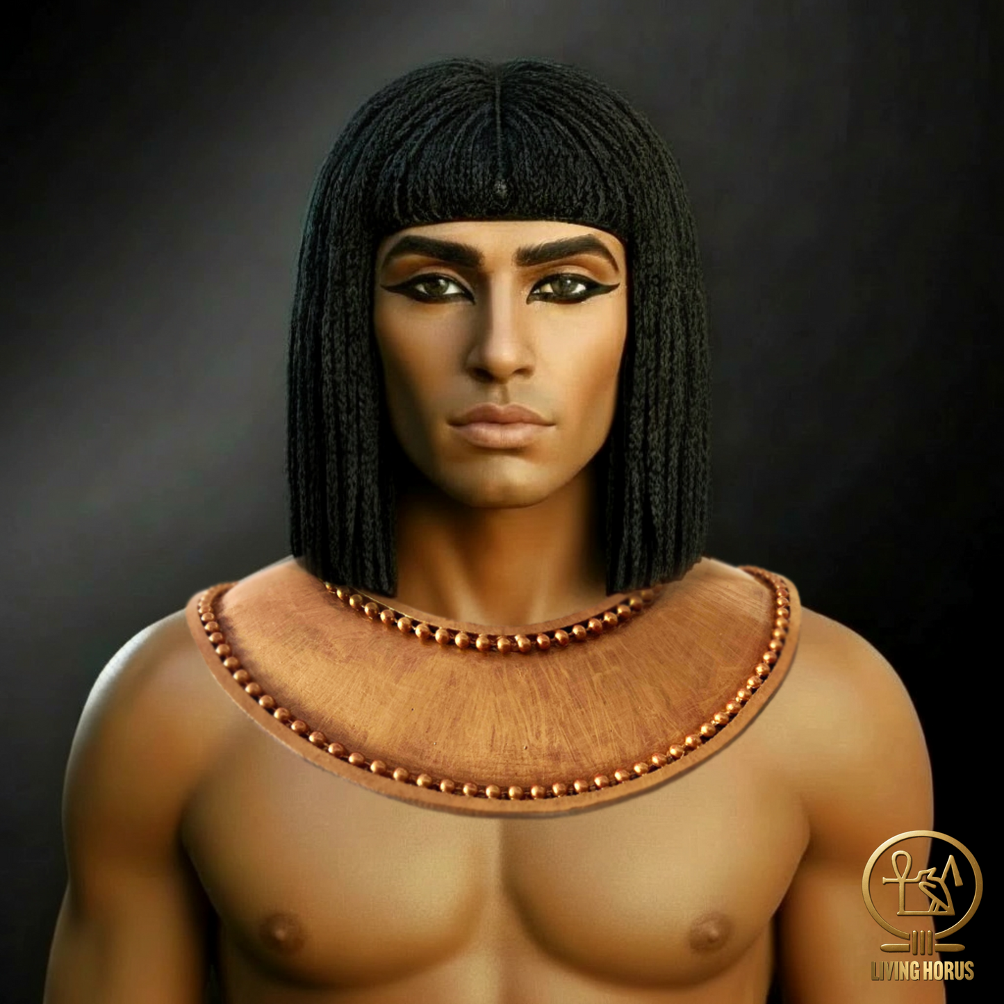 Image of an Egyptian Pharaoh with traditional attire and jewelry on a dark background