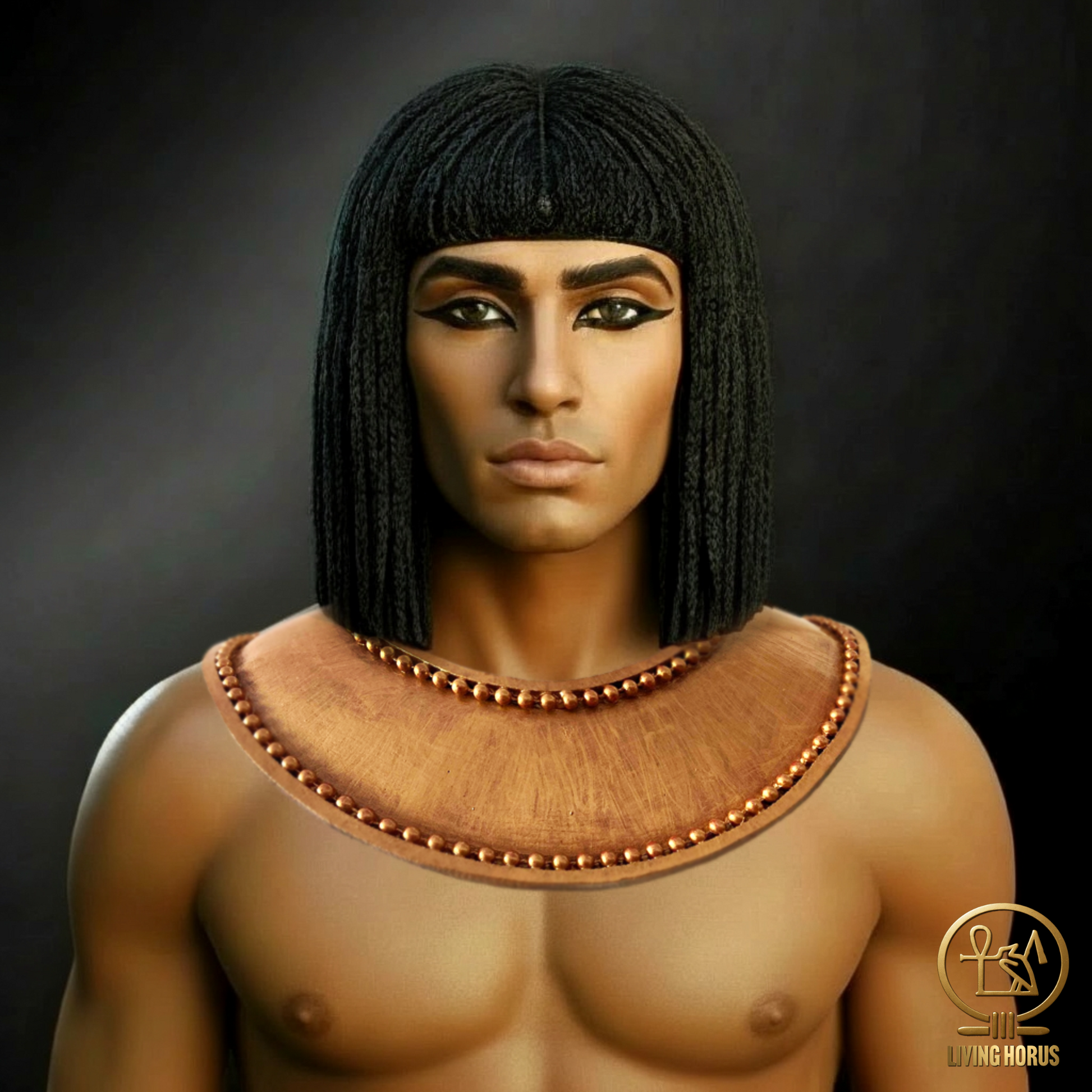 Image of an Egyptian Pharaoh with traditional attire and jewelry on a dark background