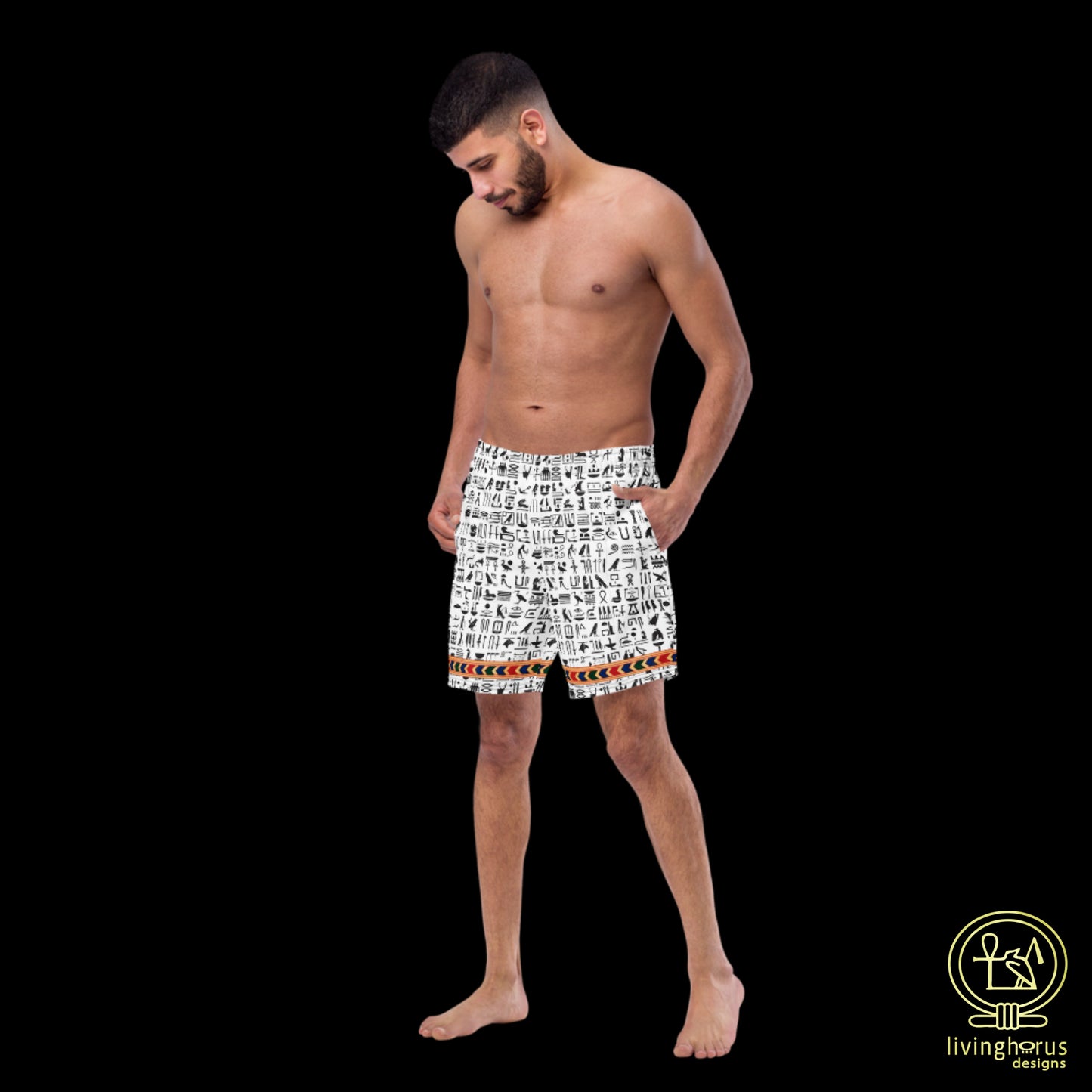 Egyptian Hieroglyph Swim Trunks, Swimmers, Bathers, Board Shorts - White