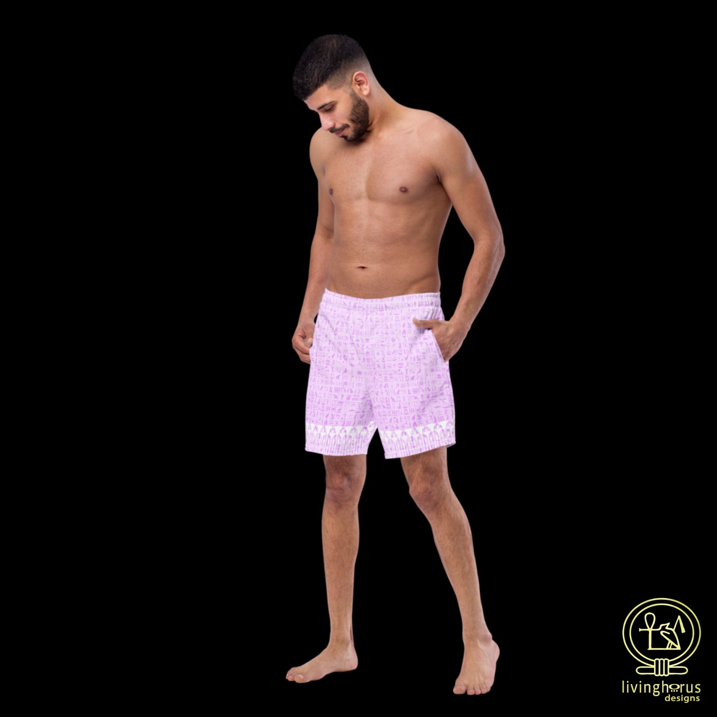 Pink Hieroglyph Lotus Motif Hawaiian Swim Trunks