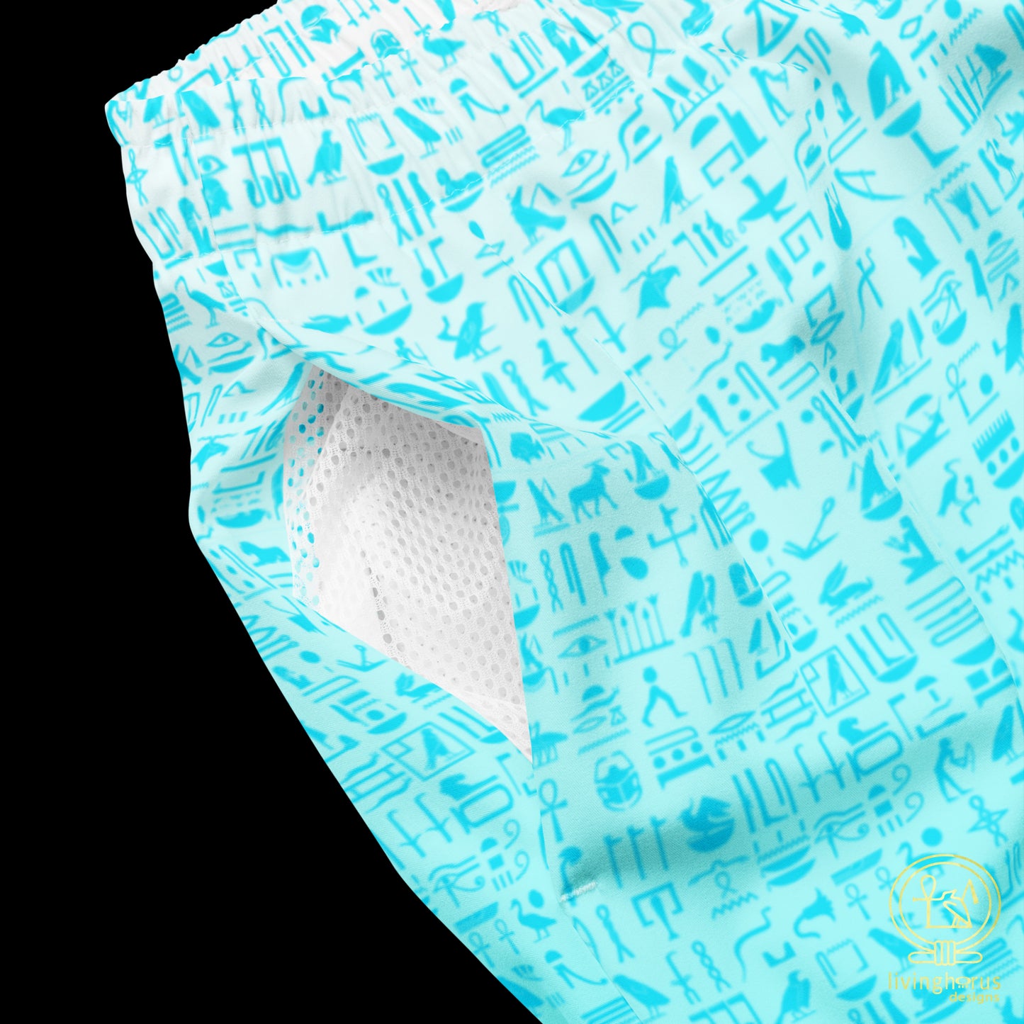 Light Blue Hieroglyph Lotus Motif Hawaiian Swim Trunks