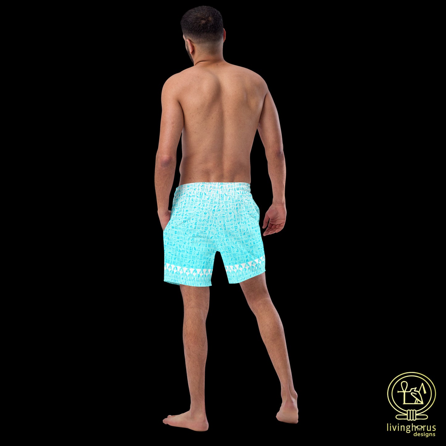 Light Blue Hieroglyph Lotus Motif Hawaiian Swim Trunks