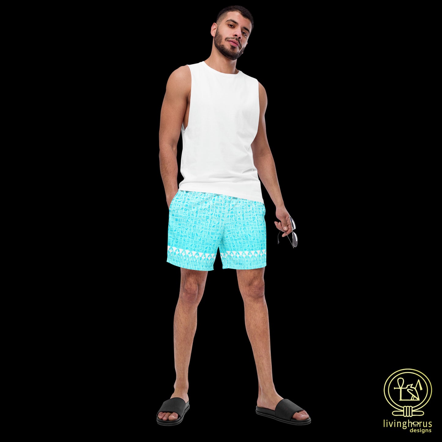 Light Blue Hieroglyph Lotus Motif Hawaiian Swim Trunks