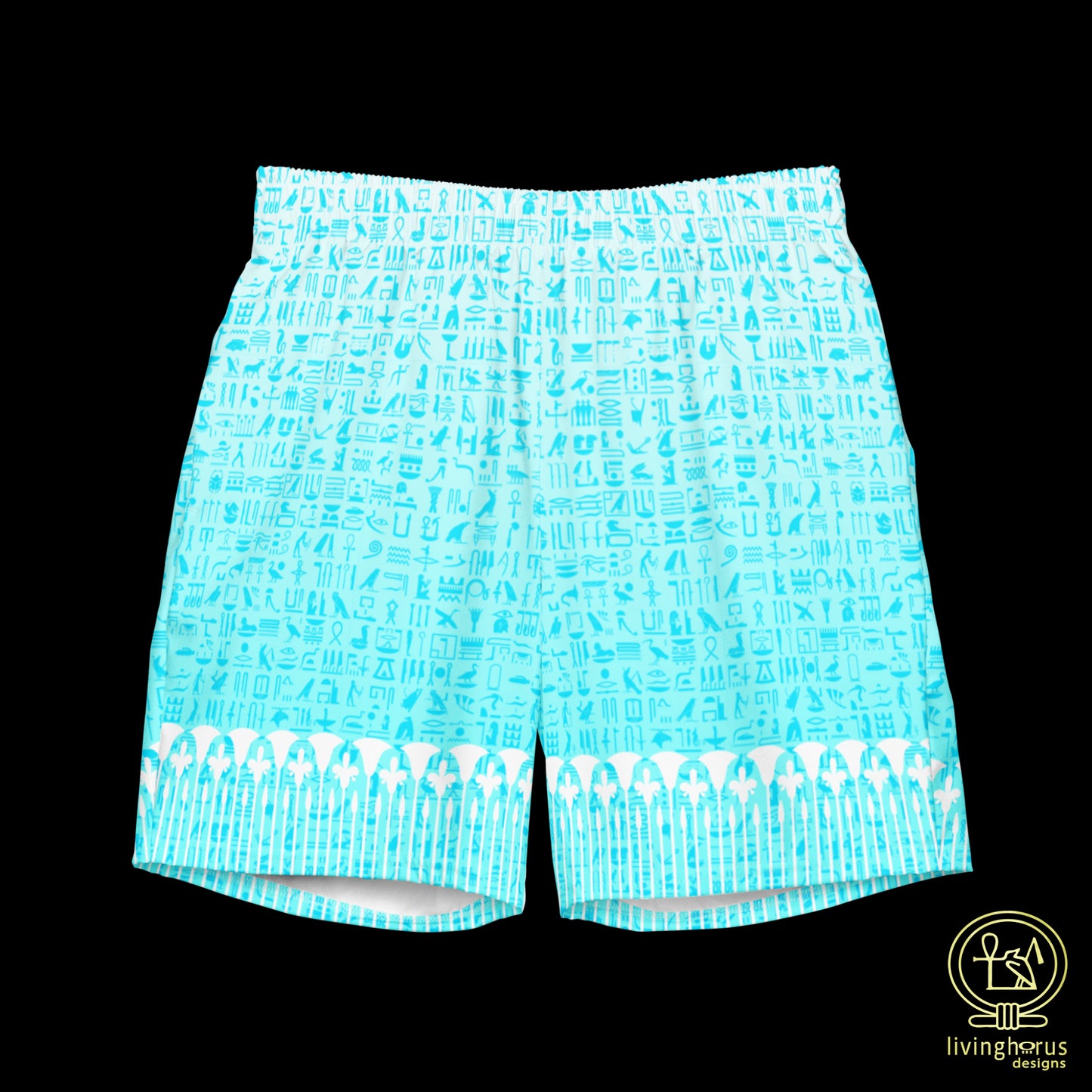 Light Blue Hieroglyph Lotus Motif Hawaiian Swim Trunks