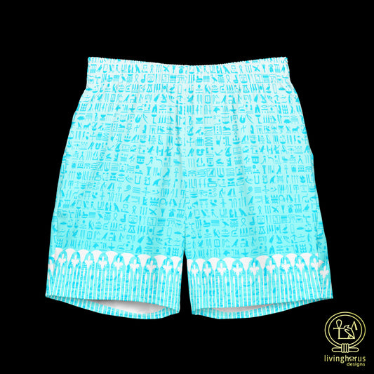 Light Blue Hieroglyph Lotus Motif Hawaiian Swim Trunks