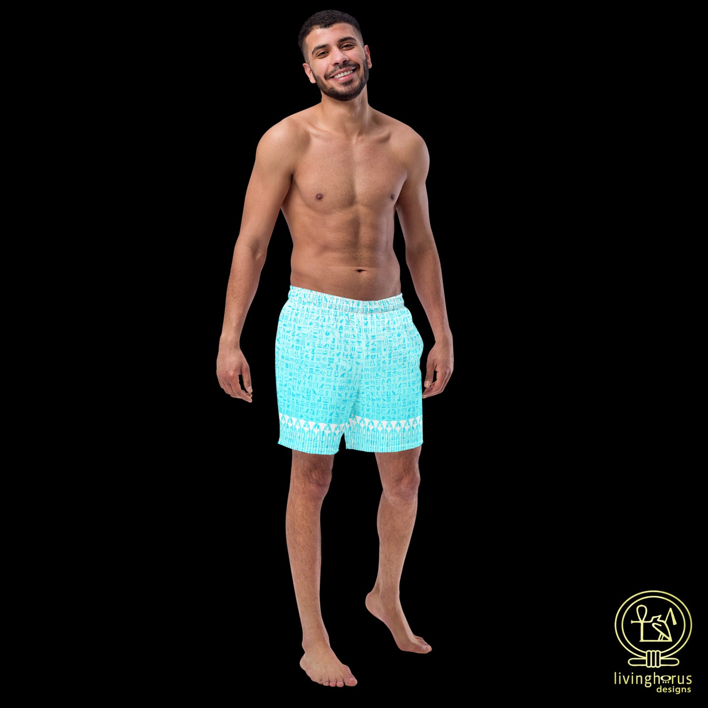 Light Blue Hieroglyph Lotus Motif Hawaiian Swim Trunks