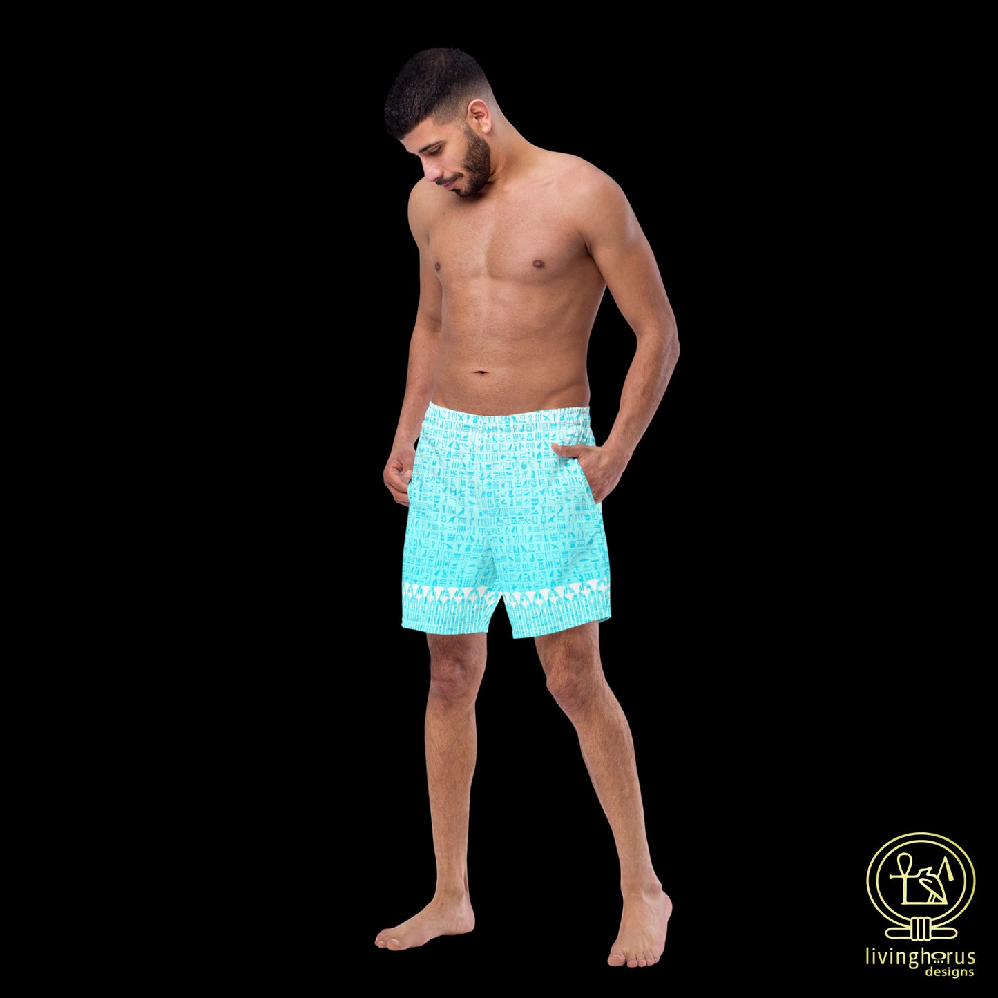 Light Blue Hieroglyph Lotus Motif Hawaiian Swim Trunks