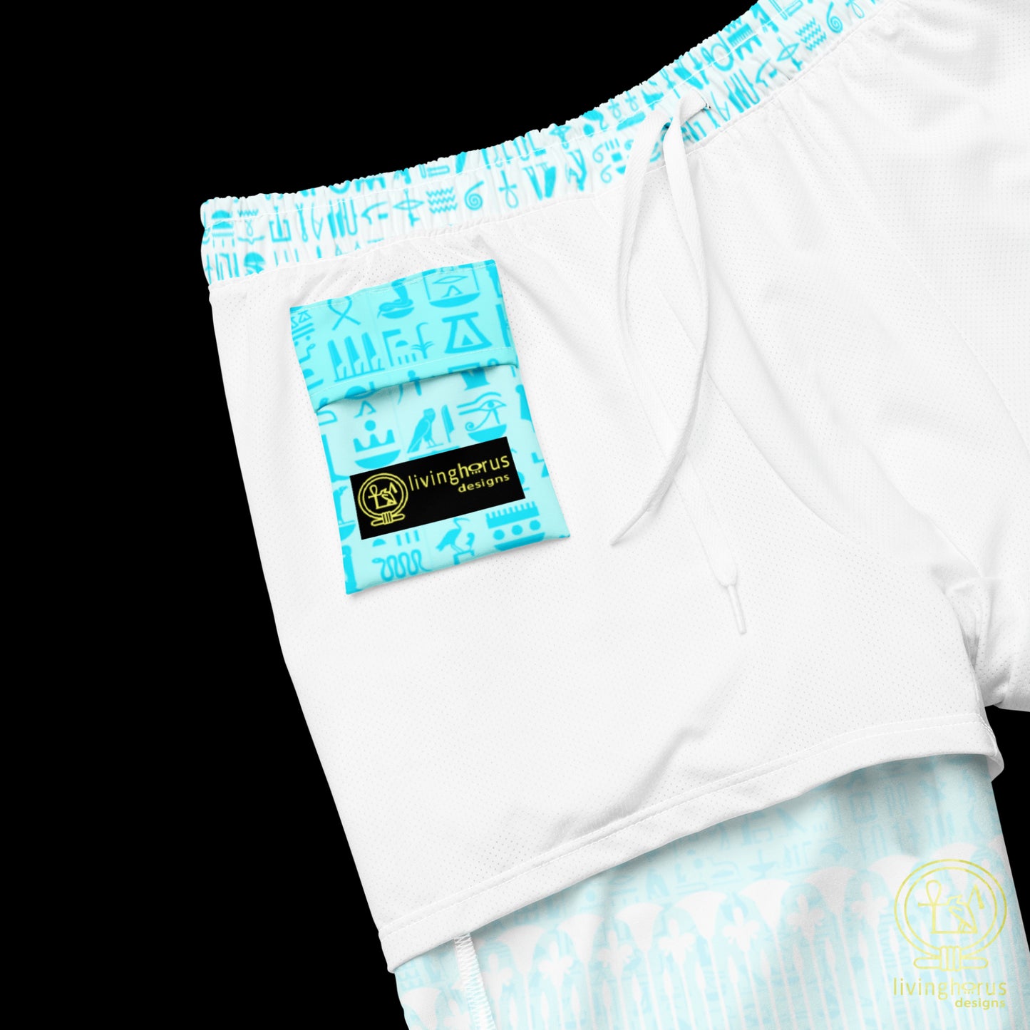 Light Blue Hieroglyph Lotus Motif Hawaiian Swim Trunks