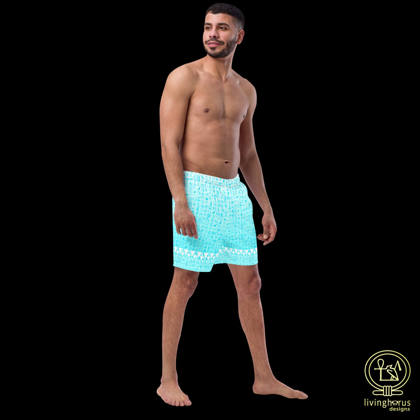 Light Blue Hieroglyph Lotus Motif Hawaiian Swim Trunks