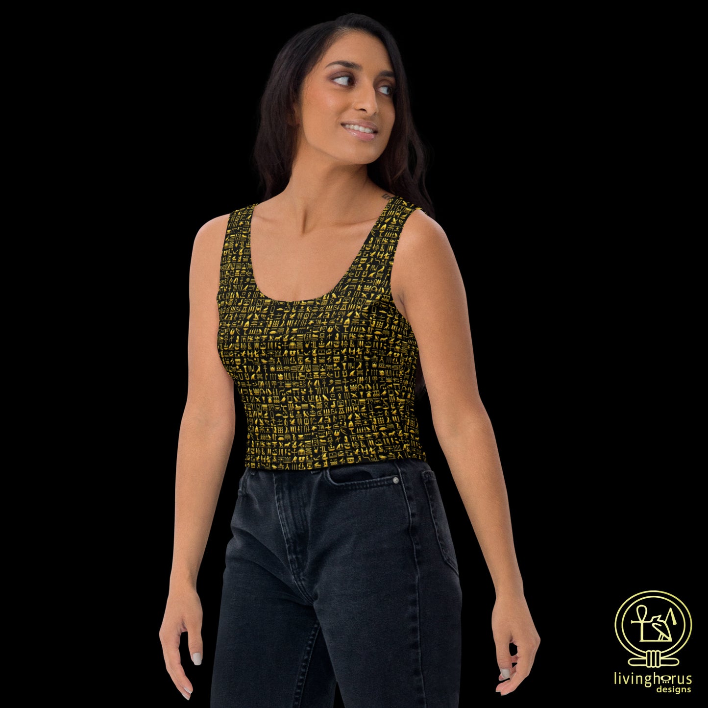 Egyptian Golden Hieroglyph Crop Top - Black