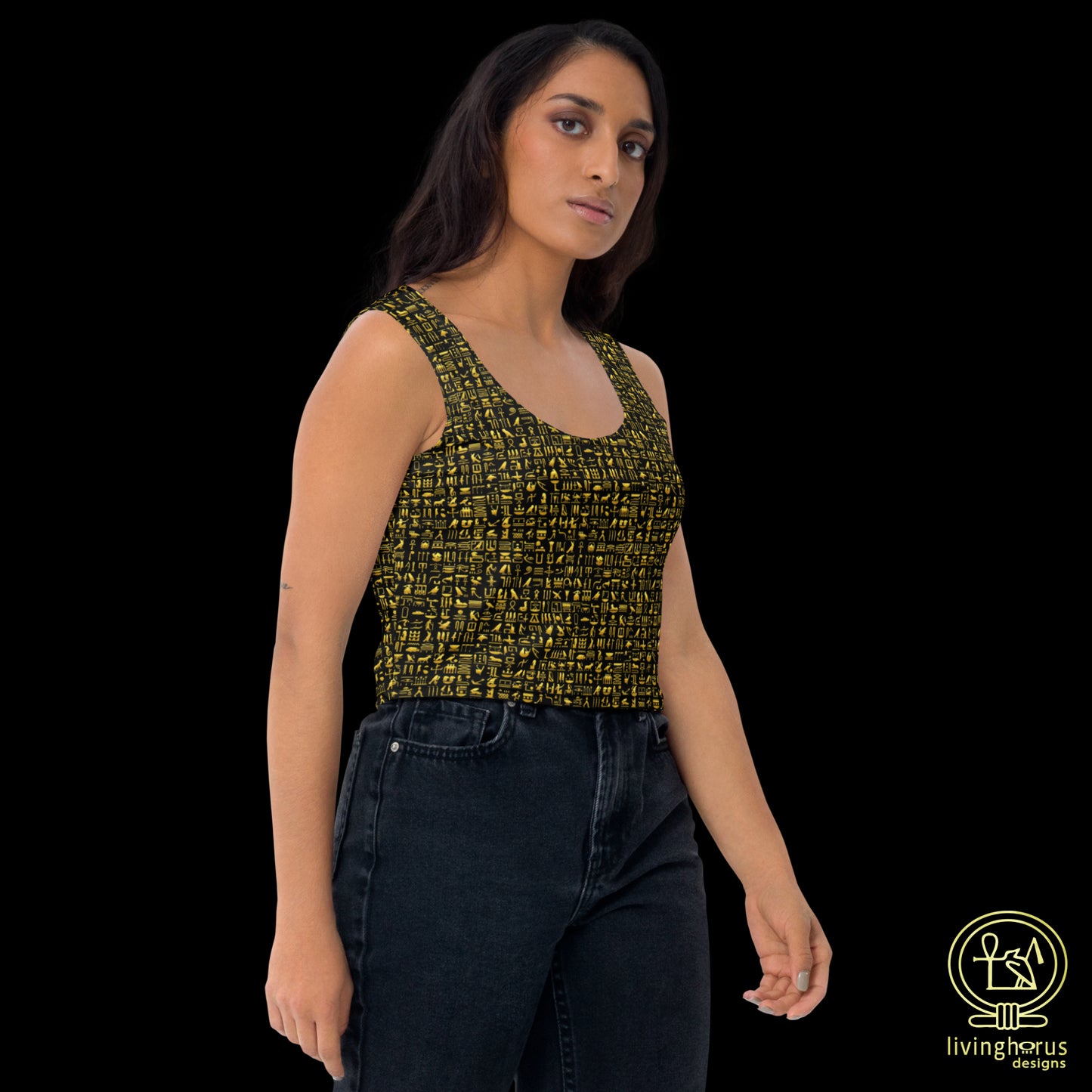 Egyptian Golden Hieroglyph Crop Top - Black